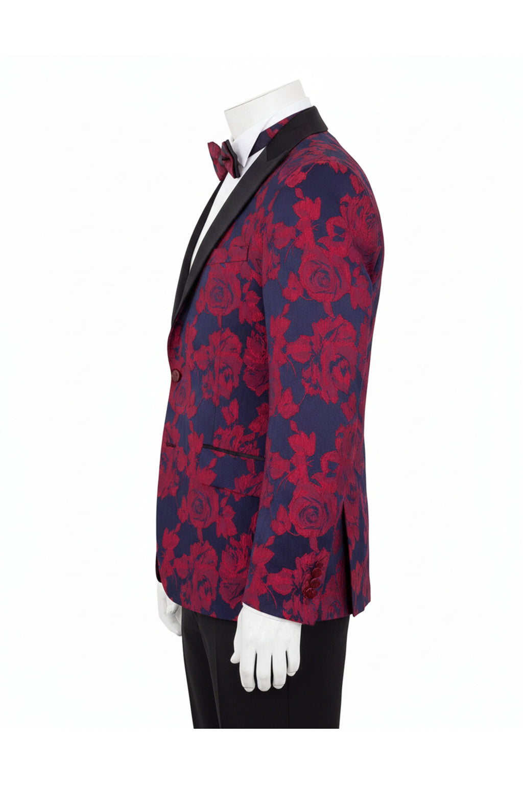 Özel Tasarım Çift Cepli Bordo Gül Desenli Blazer Ceket ve Papyon Takımı