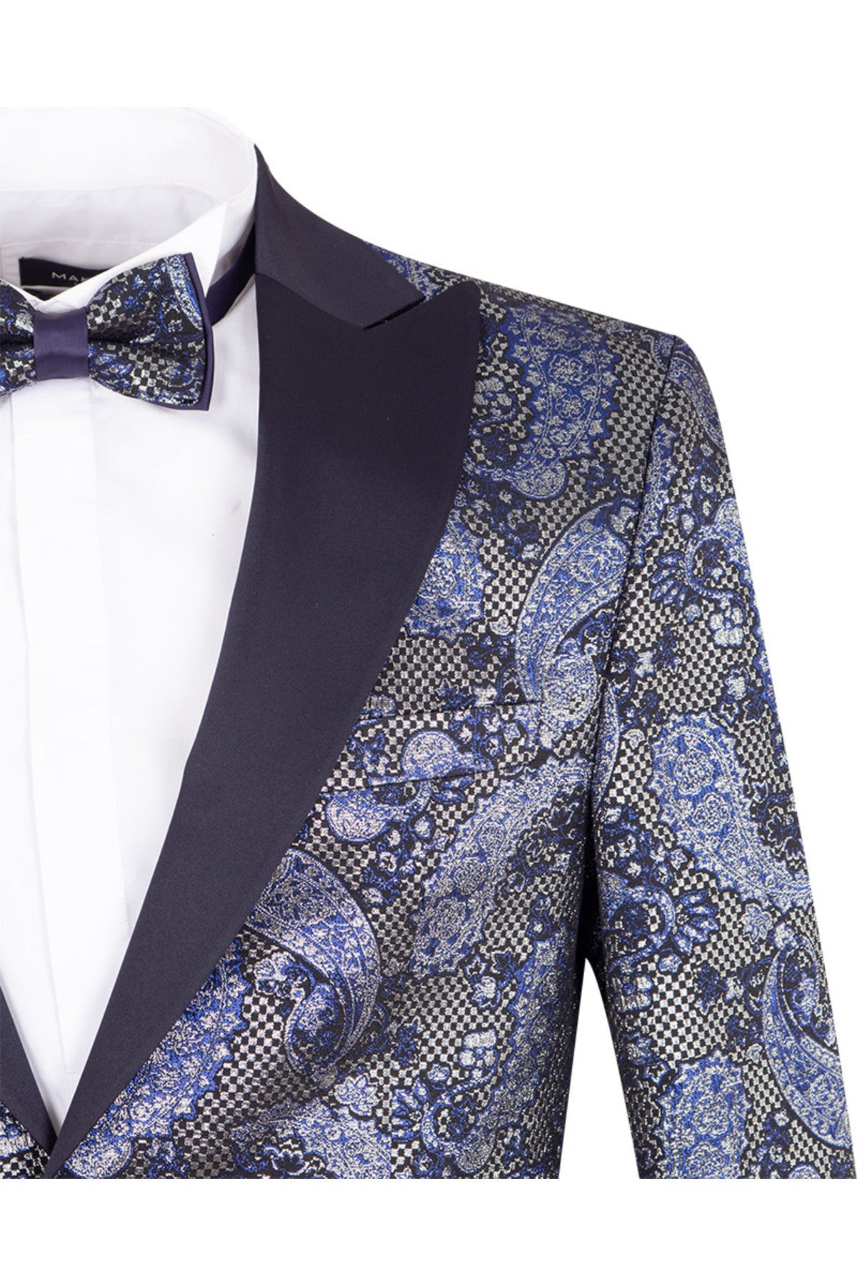 Lüks Lacıvert Gri Paisley Desenli Jakar Smokin Ceket - Slim Fit Papyonlu Özel Gün Ceketi.