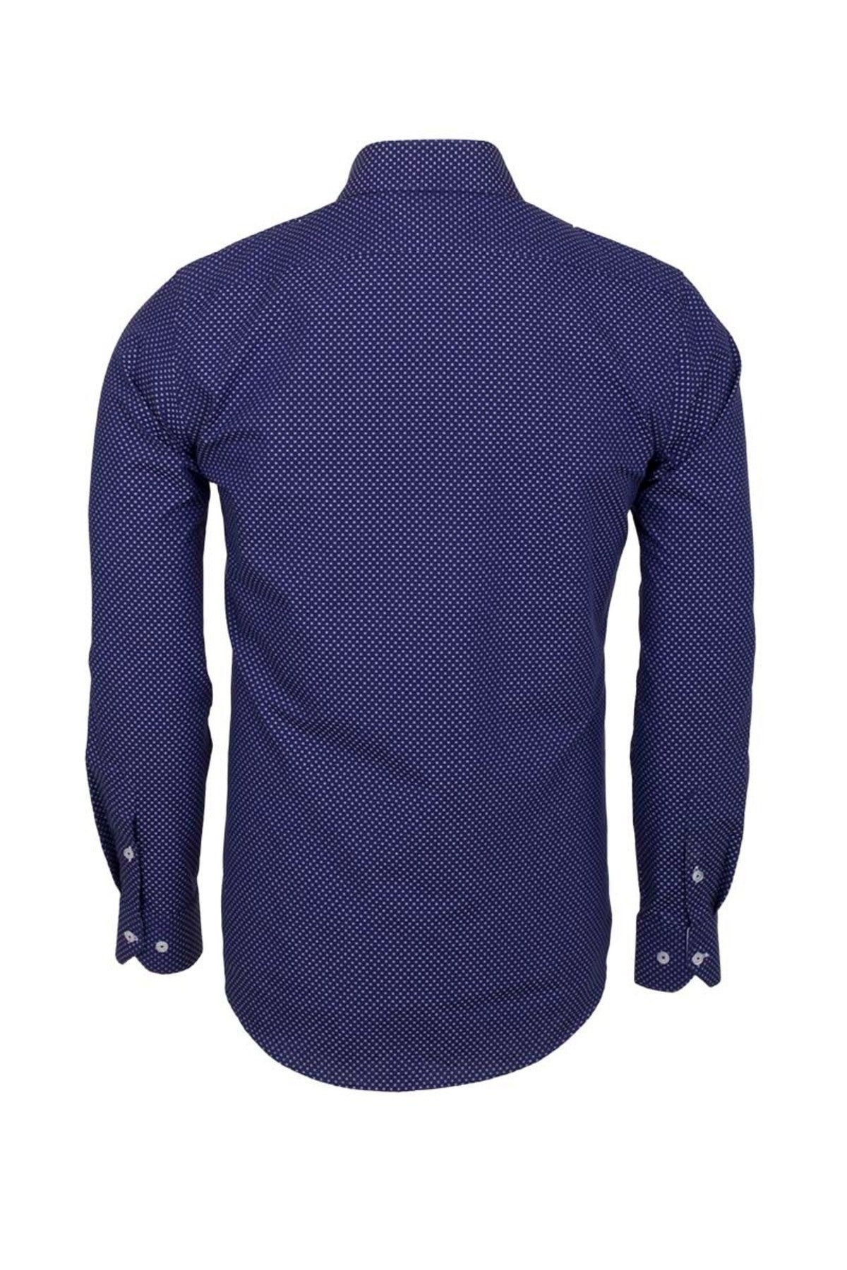 Erkek Lacivert %100 Pamuk Slim Fit Desenli Uzun Kollu Gömlek