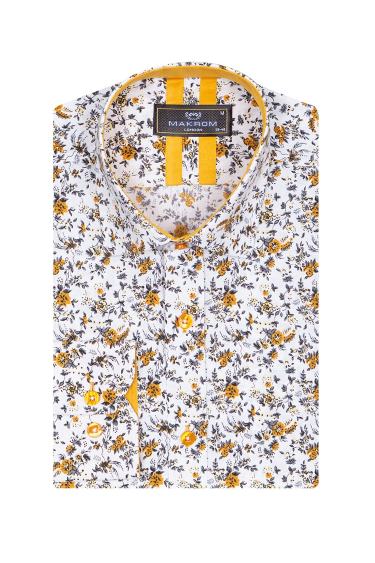 Erkek Camel Desenli Gömlek Yaka Detaylı Pamuklu Slim ve Regular Fit Uzun Kollu Gömlek