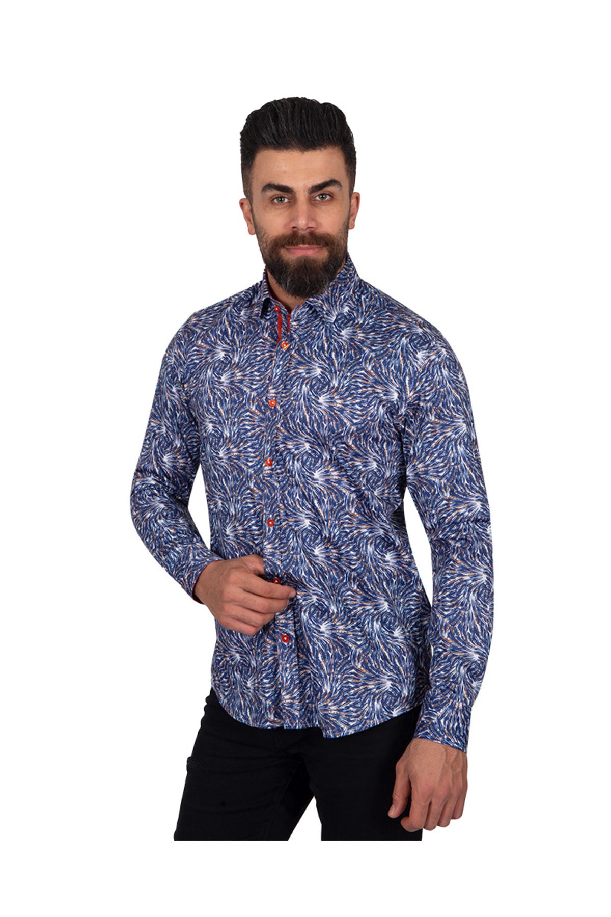 Slim Fit - Kırmızı Detaylı Mikro Desenli %100 Pamuk Gömlek