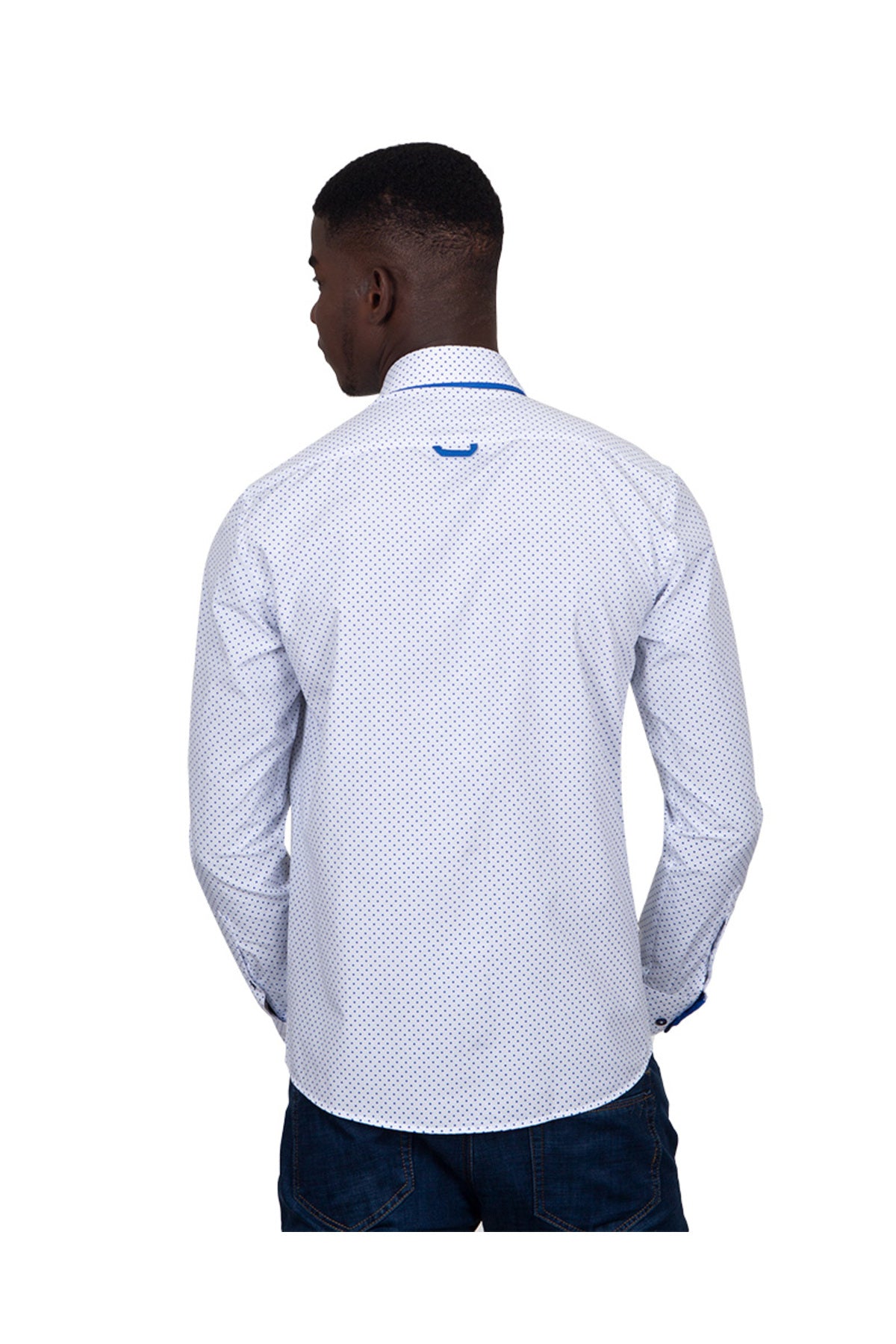 Erkek Beyaz Mavi Puantiyeli Duble Yaka Pamuklu Slim Fit Gömlek