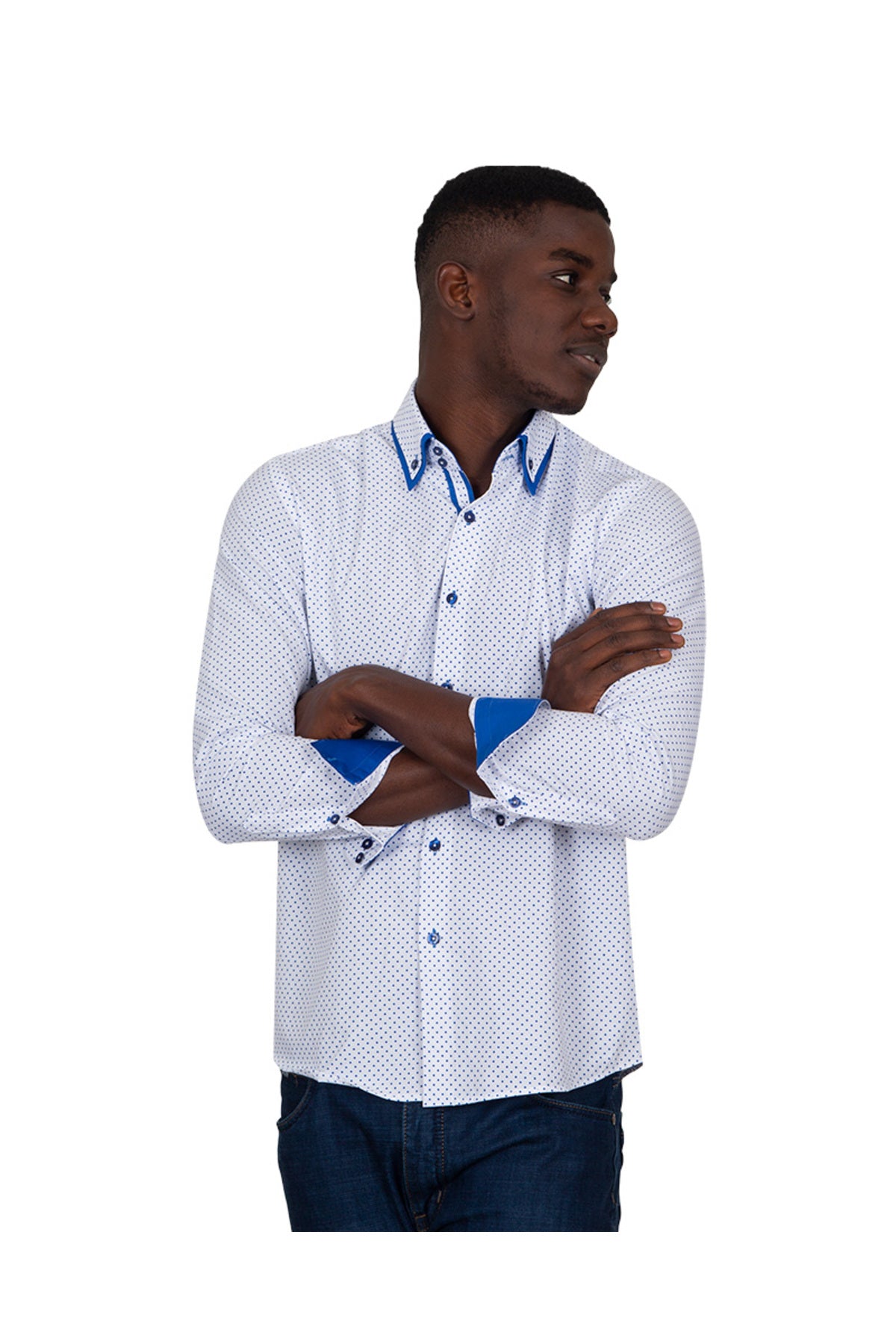 Erkek Beyaz Mavi Puantiyeli Duble Yaka Pamuklu Slim Fit Gömlek