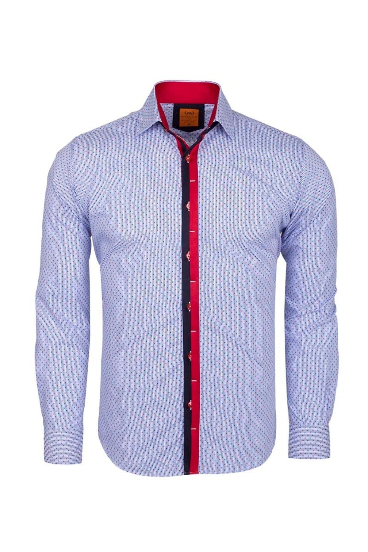 Slim Fit Kırmızı Detaylı İnce Çizgili Pamuklu Erkek Gömlek