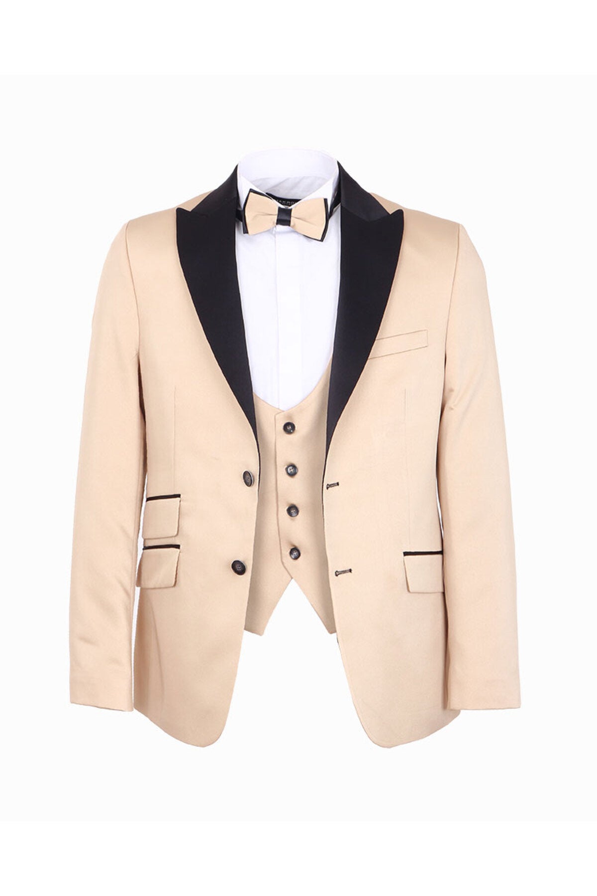 Erkek Slim Fit 3’lü Smokin Seti - Ceket + Yelek + Papyon - Bej