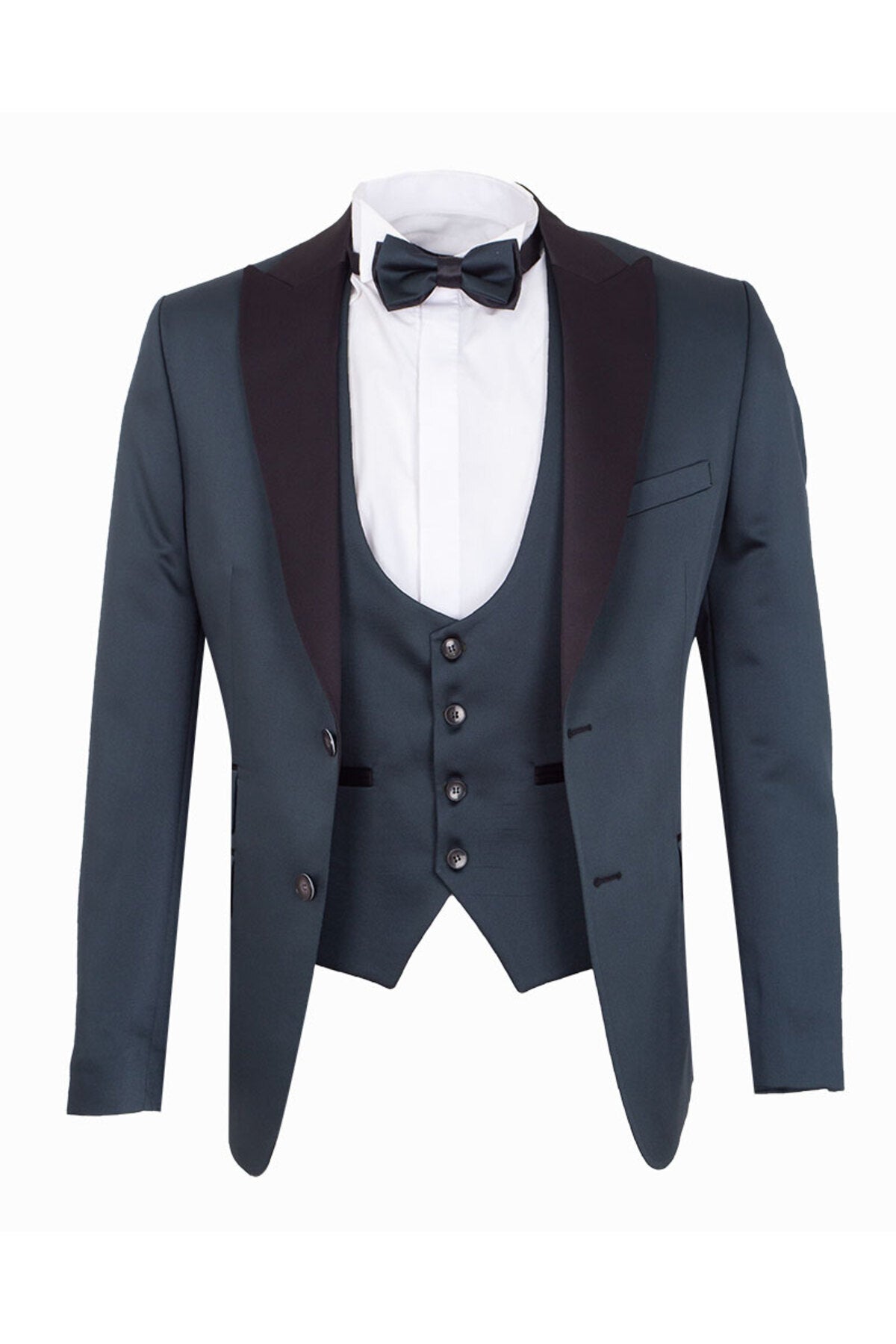 Erkek Slim Fit 3’lü Smokin Seti - Ceket + Yelek + Papyon - Haki