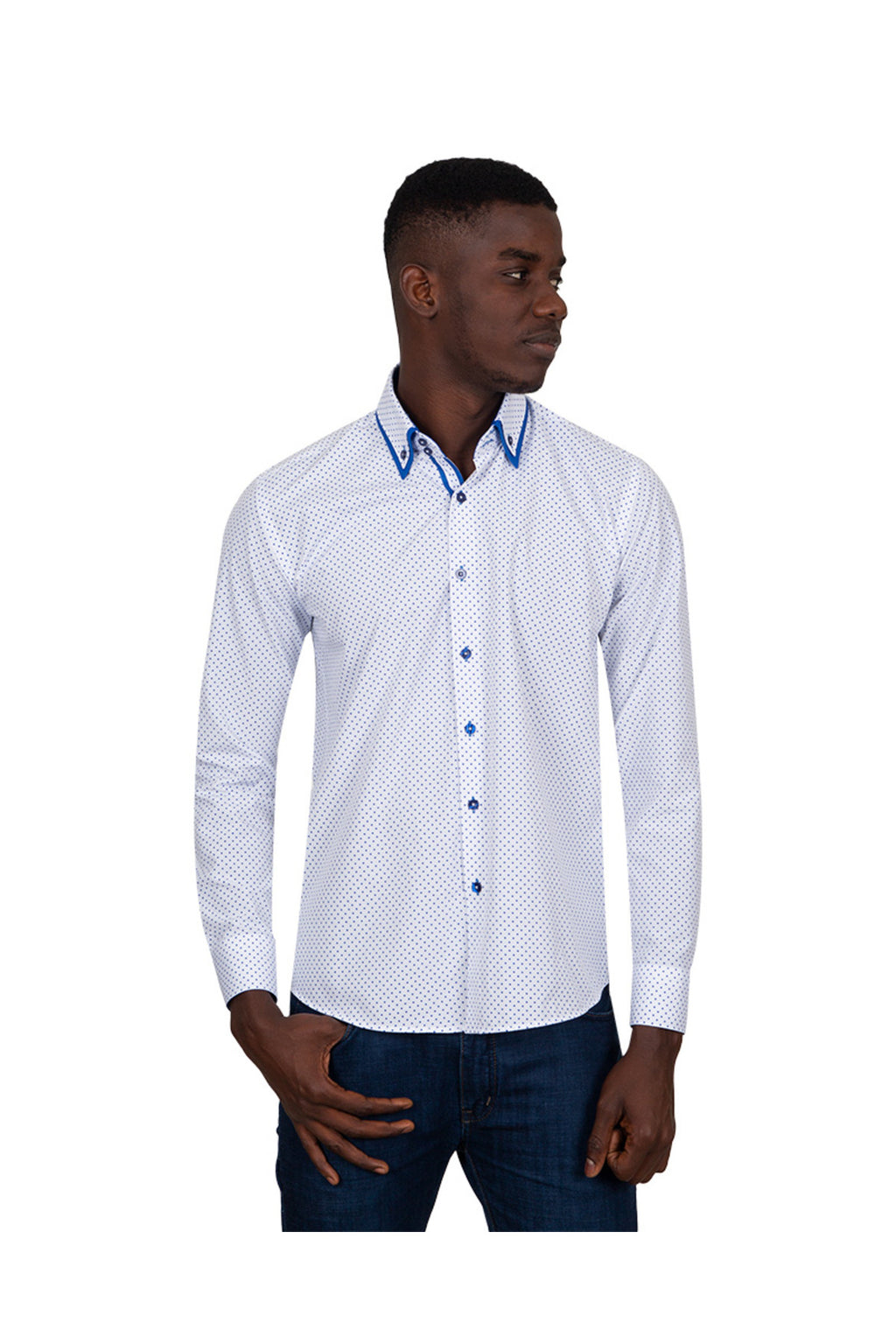 Erkek Beyaz Mavi Puantiyeli Duble Yaka Pamuklu Slim Fit Gömlek