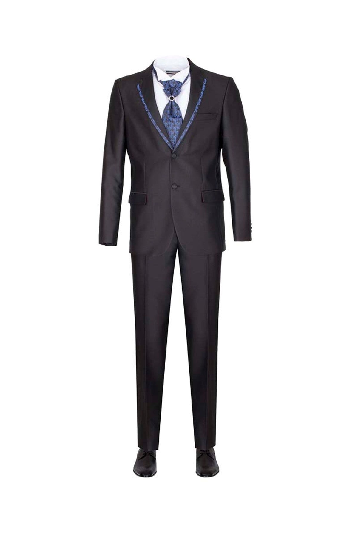 Siyah Damatlık Seti -Seyyar Yaka & Lacivert Desenli Yelek & Aksesuarlı Slim Fit Takım Elbise