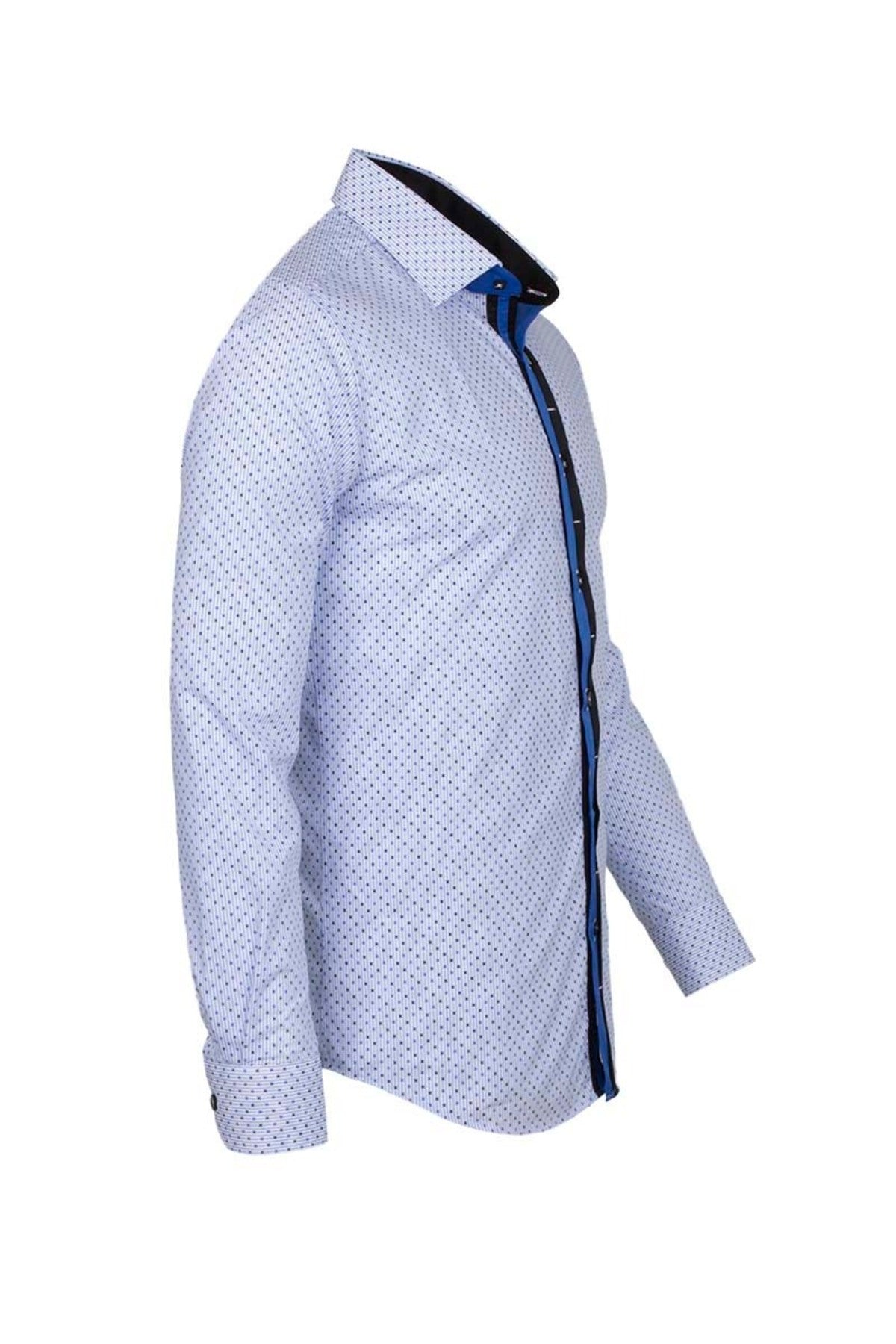 Slim Fit Mavi Detaylı İnce Çizgili Pamuklu Erkek Gömlek