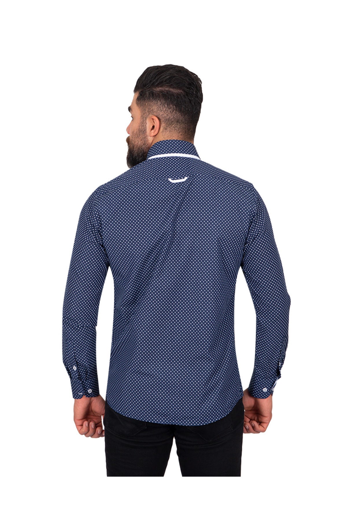 Erkek Lacivert Beyaz Puantiyeli Duble Yaka Pamuklu Slim Fit Gömlek