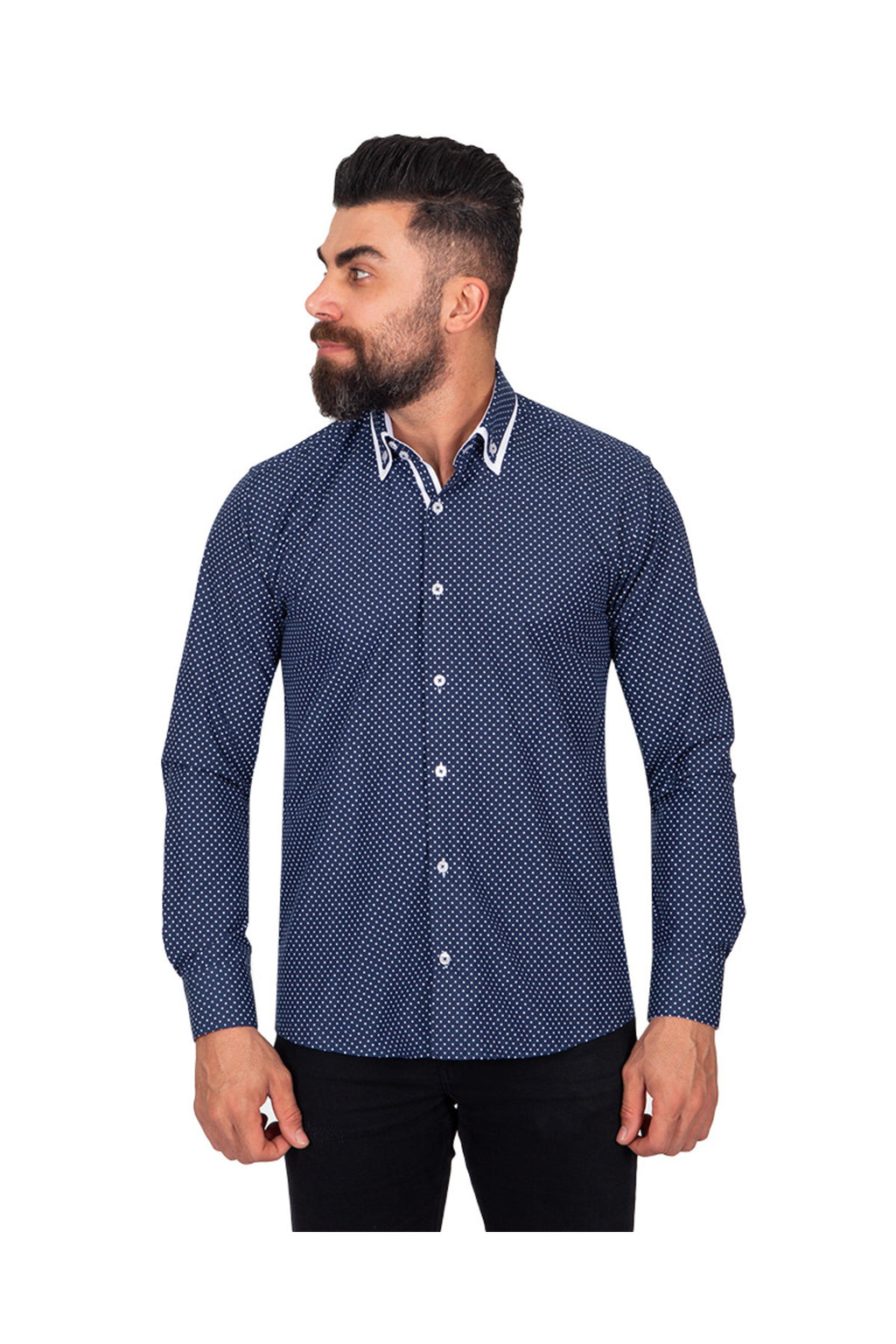 Erkek Lacivert Beyaz Puantiyeli Duble Yaka Pamuklu Slim Fit Gömlek