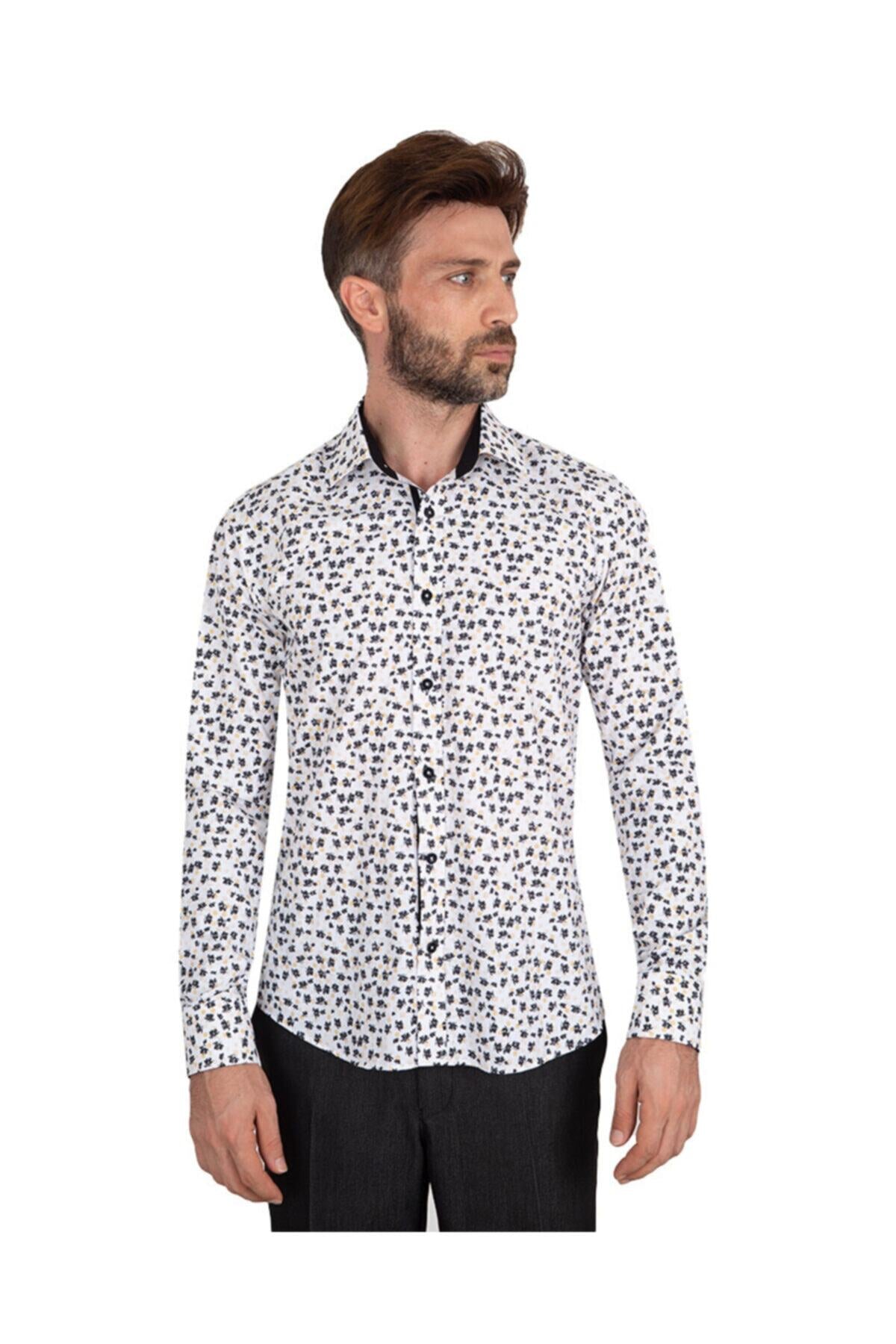 Erkek Siyah Desenli Uzun Kol Detaylı Classic Fit Pamuklu Gömlek