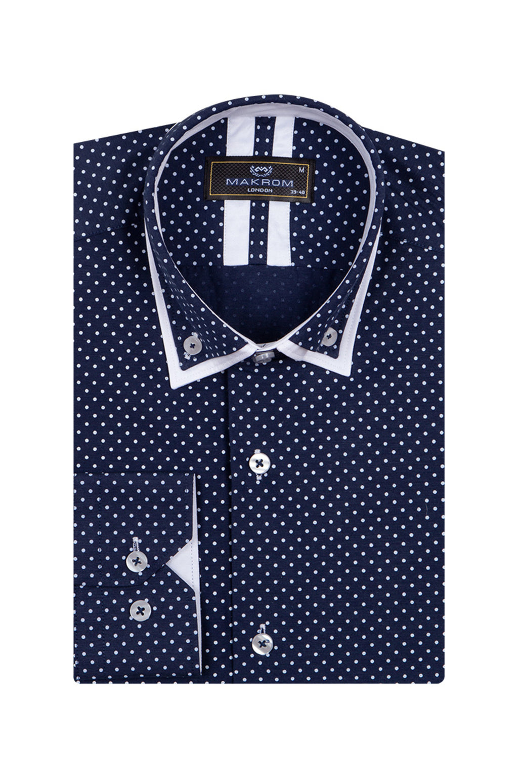 Erkek Lacivert Beyaz Puantiyeli Duble Yaka Pamuklu Slim Fit Gömlek