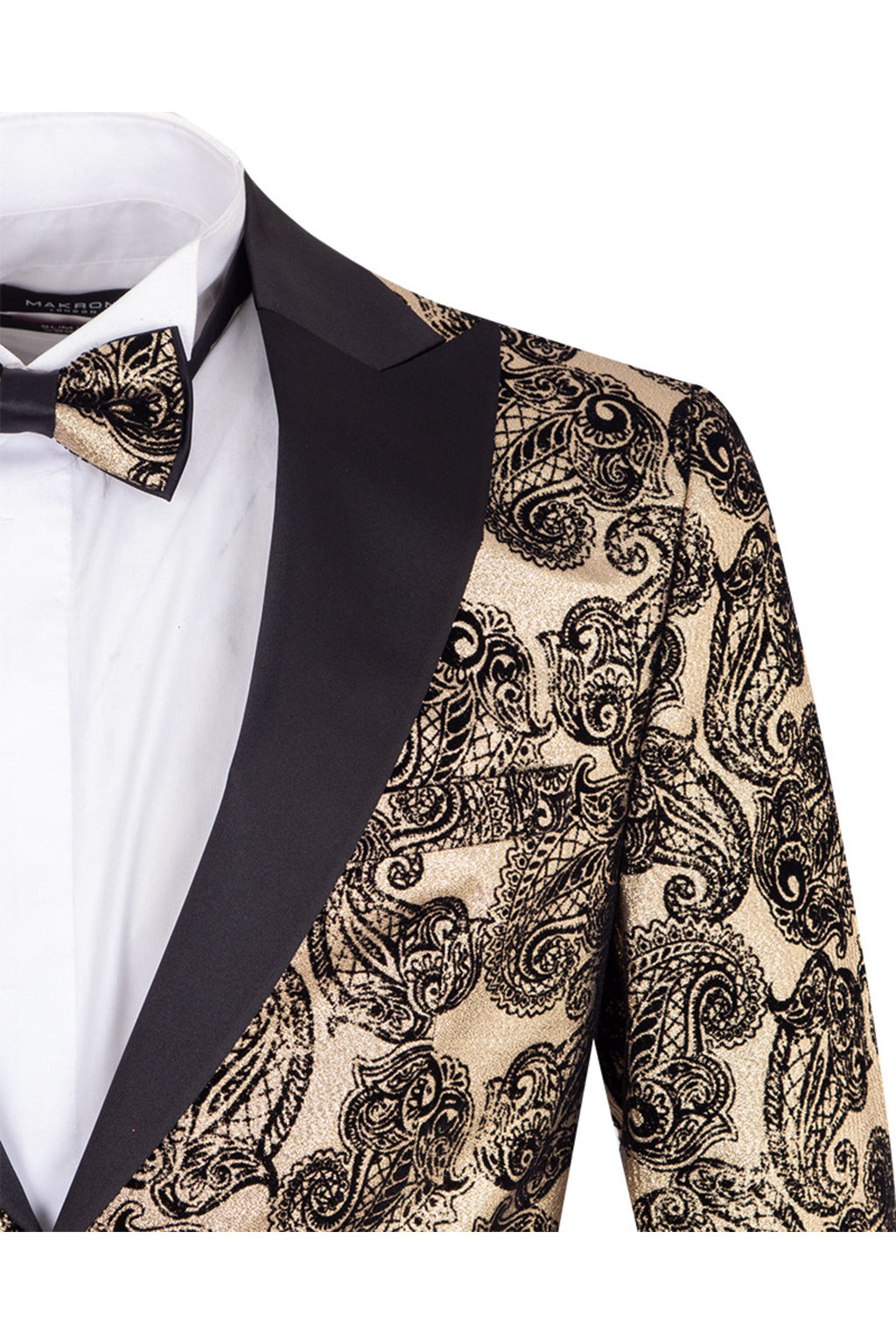 Slim Fit Altın Siyah Paisley Desenli Smokin Yaka Çift Düğmeli Ceket & Papyon