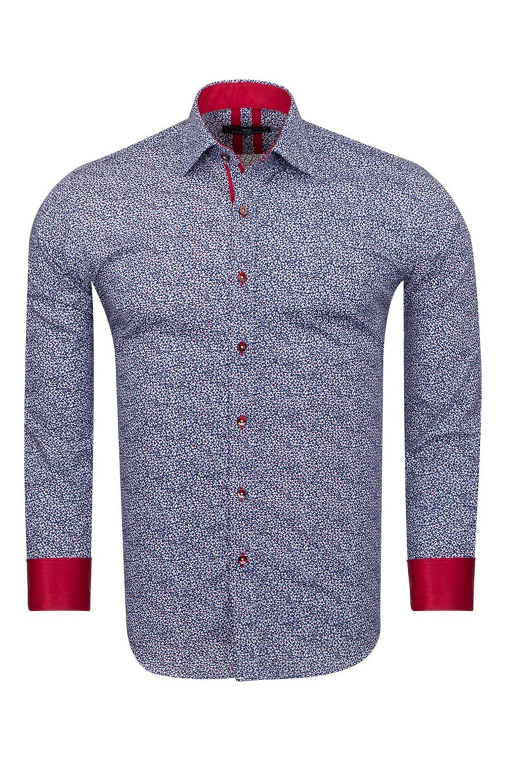 Slim Fit Kırmızı Kontrast Detaylı Mikro Çiçekli Likralı Pamuk Gömlek