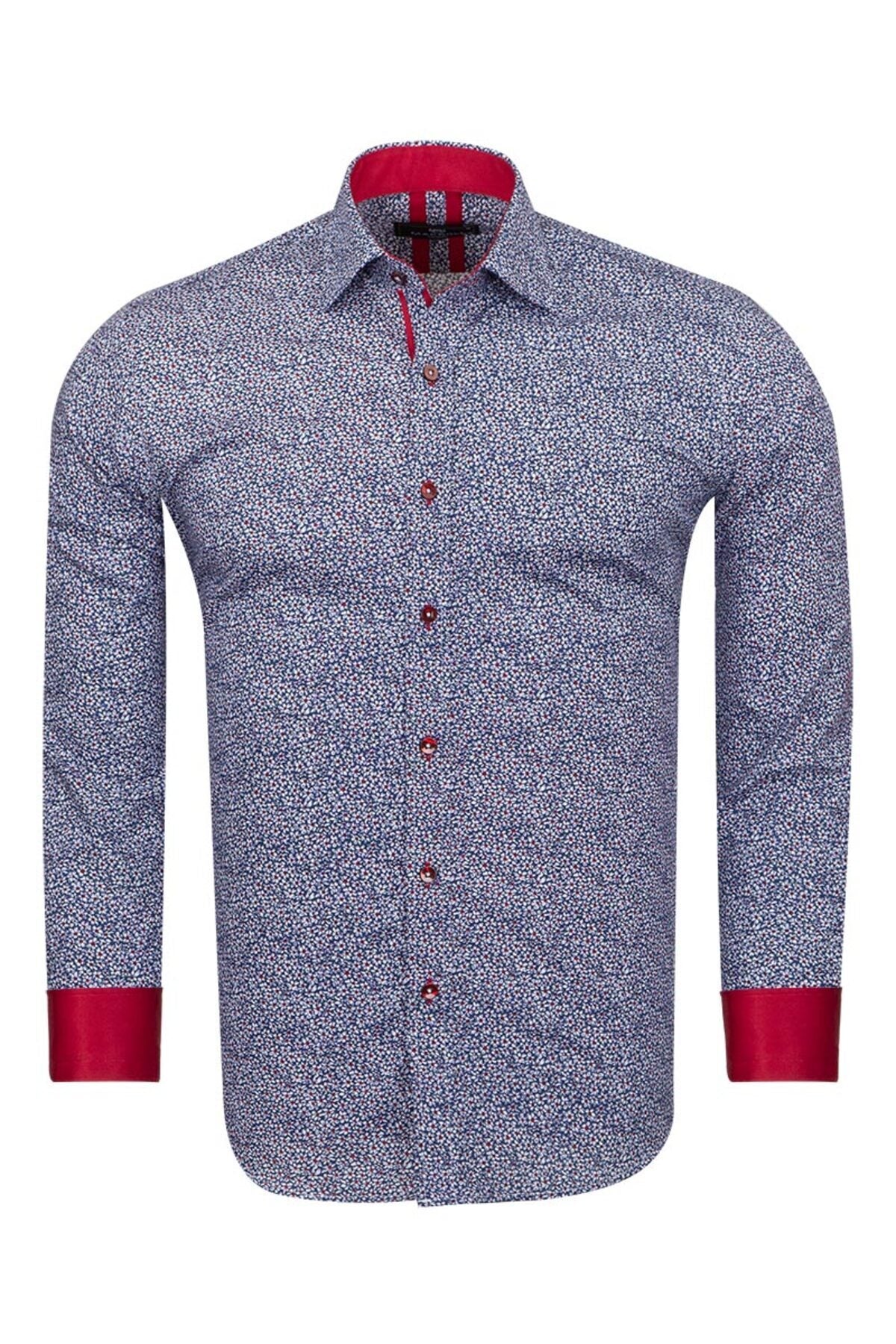 Slim Fit Kırmızı Kontrast Detaylı Mikro Çiçekli Likralı Pamuk Gömlek