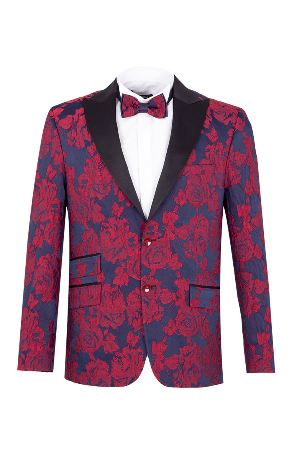 Özel Tasarım Çift Cepli Bordo Gül Desenli Blazer Ceket ve Papyon Takımı