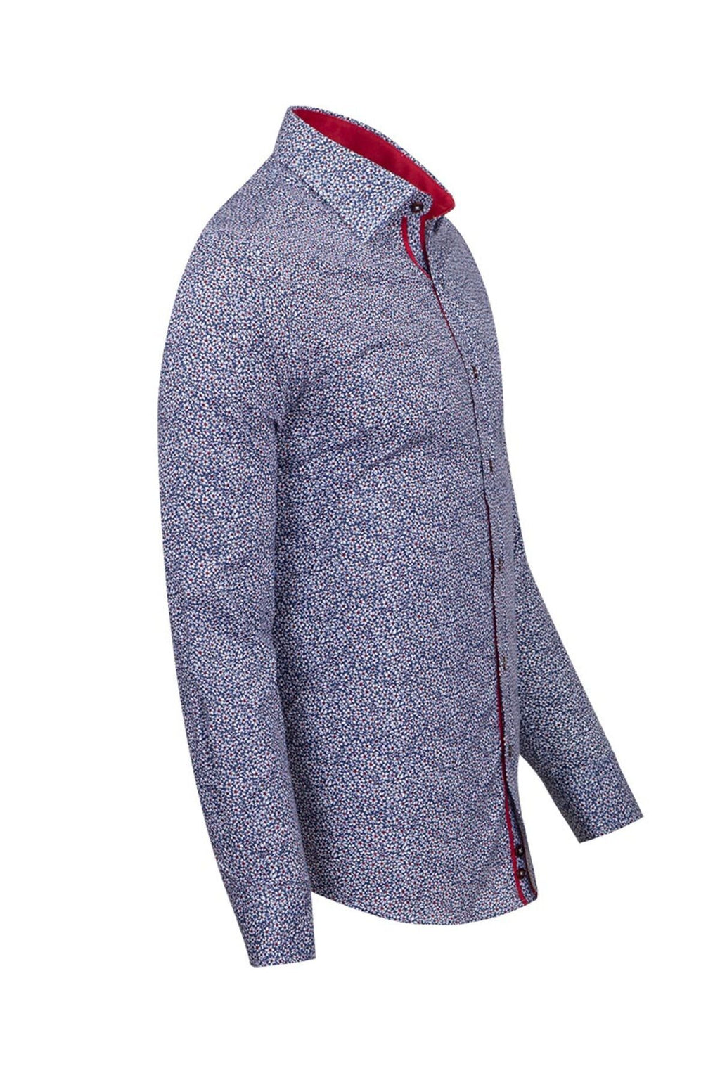 Slim Fit Kırmızı Kontrast Detaylı Mikro Çiçekli Likralı Pamuk Gömlek