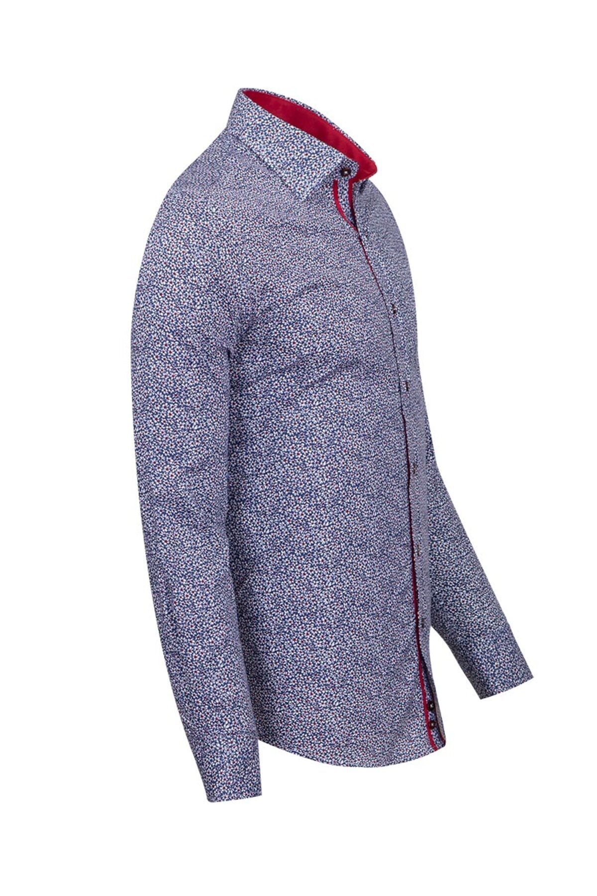 Slim Fit Kırmızı Kontrast Detaylı Mikro Çiçekli Likralı Pamuk Gömlek