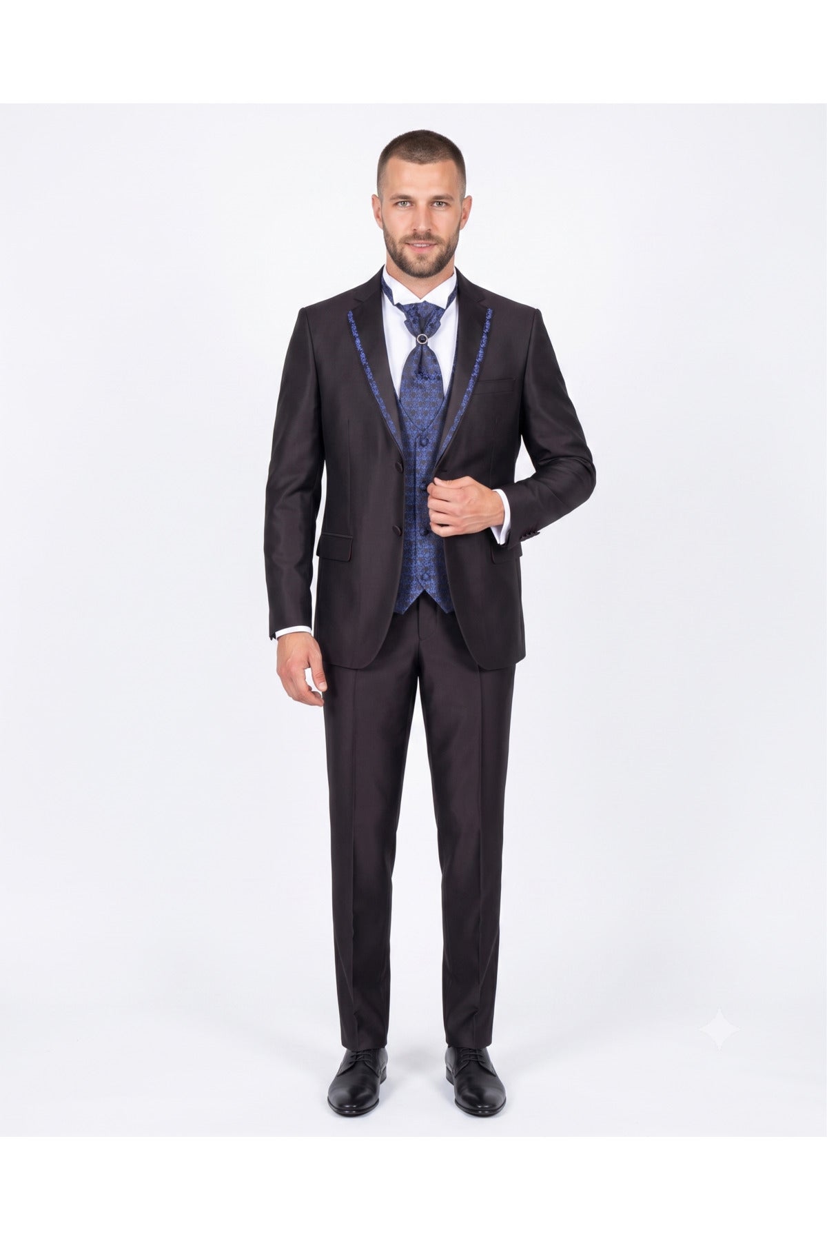 Siyah Damatlık Seti -Seyyar Yaka & Lacivert Desenli Yelek & Aksesuarlı Slim Fit Takım Elbise