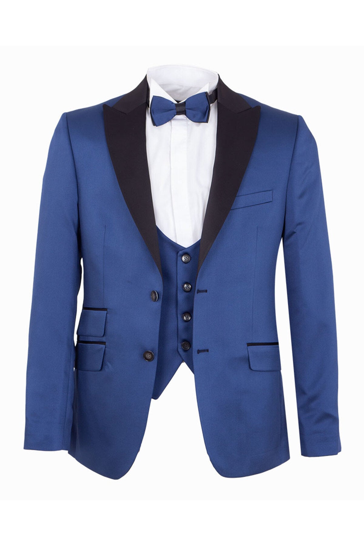 Erkek Slim Fit 3’lü Smokin Seti - Ceket + Yelek + Papyon - Mavi
