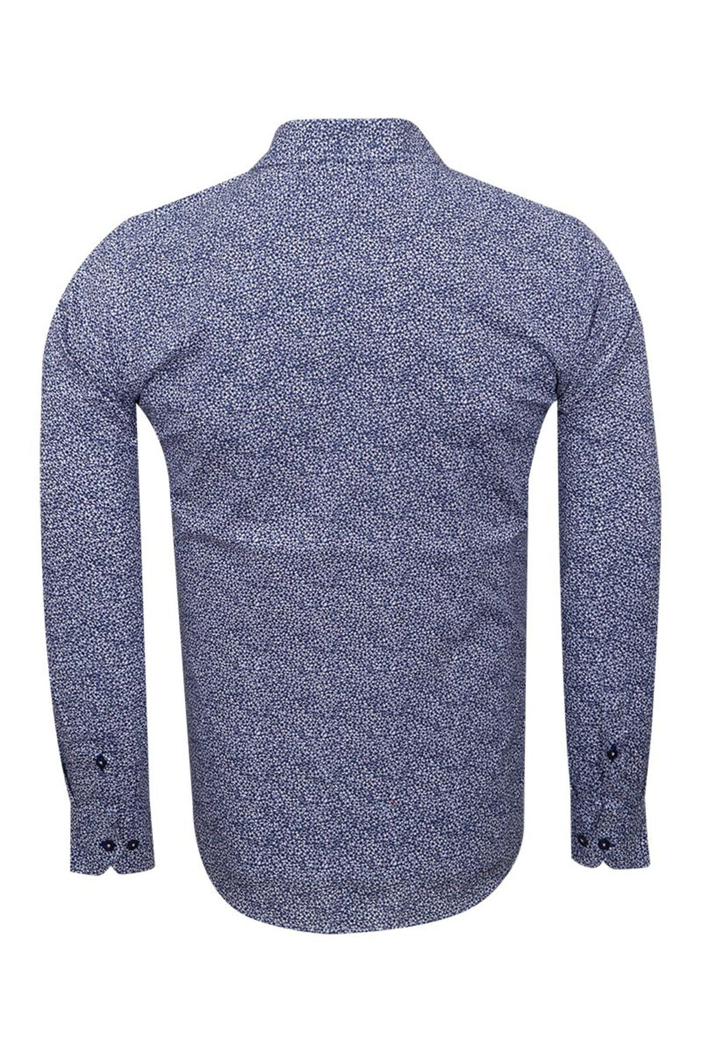Slim Fit Mavi Kontrast Detaylı Mikro Çiçekli Likralı Pamuk Gömlek