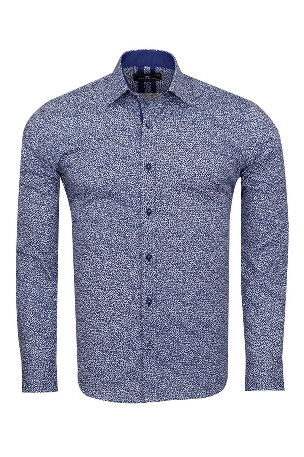 Slim Fit Mavi Kontrast Detaylı Mikro Çiçekli Likralı Pamuk Gömlek