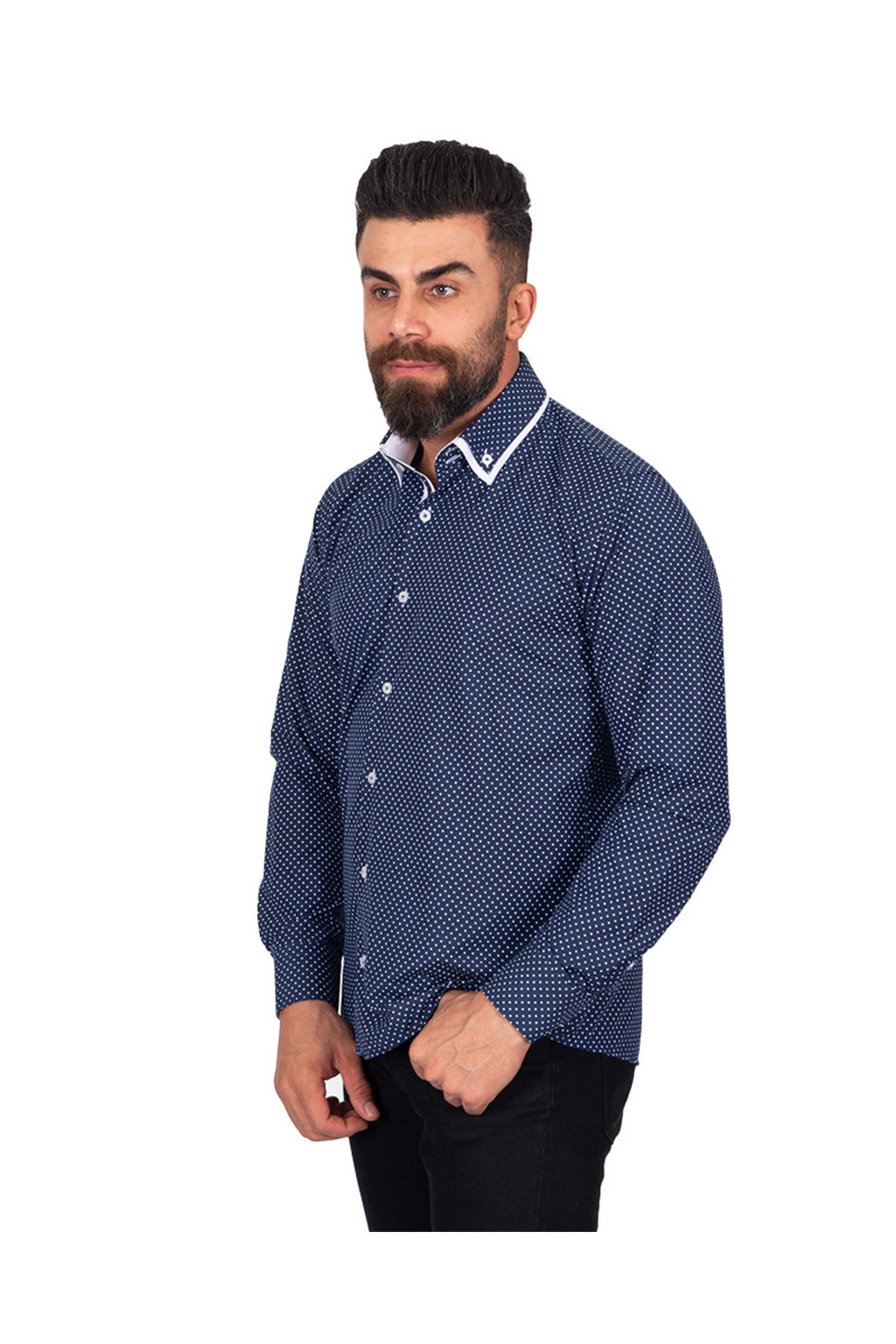 Erkek Lacivert Beyaz Puantiyeli Duble Yaka Pamuklu Slim Fit Gömlek