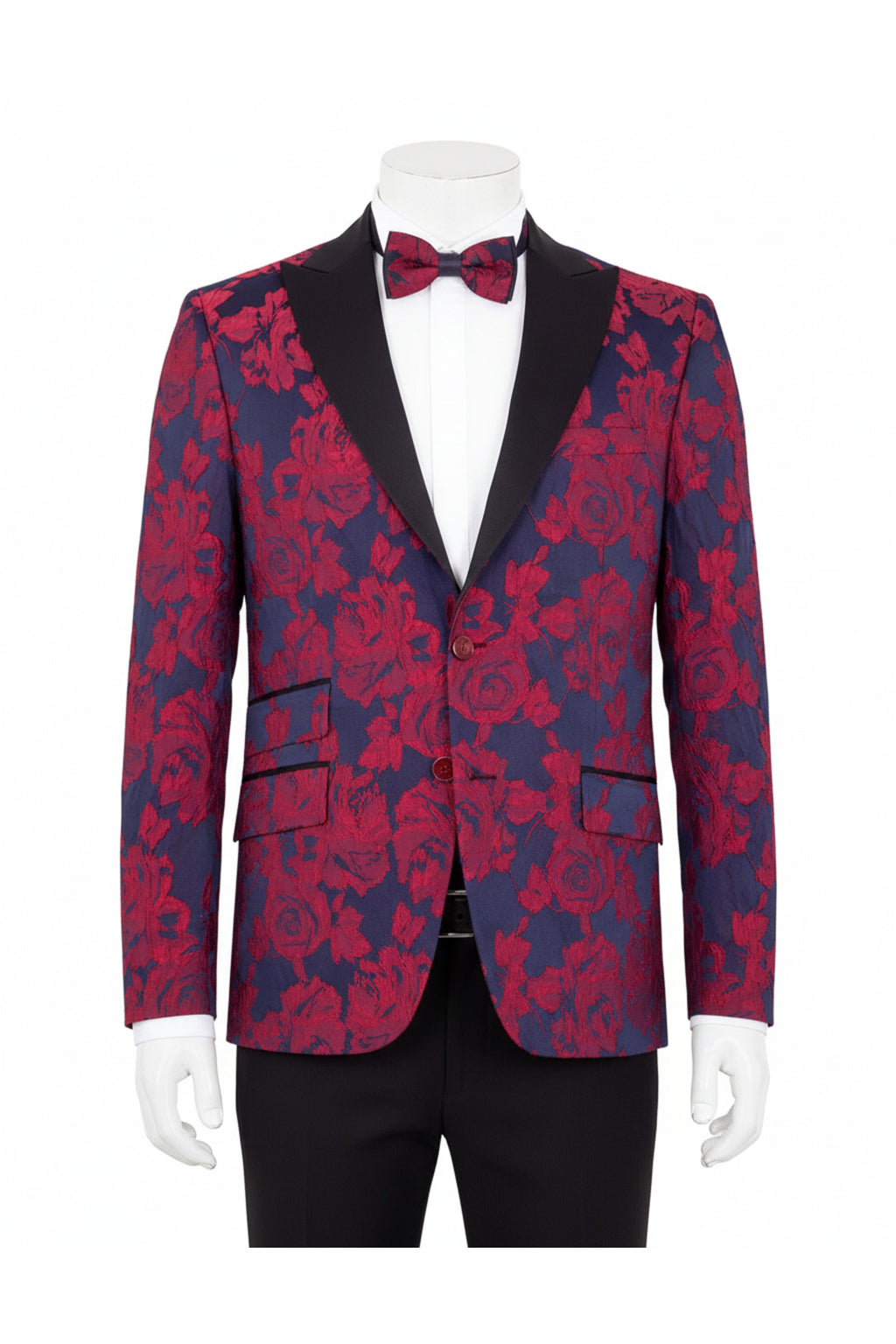 Özel Tasarım Çift Cepli Bordo Gül Desenli Blazer Ceket ve Papyon Takımı