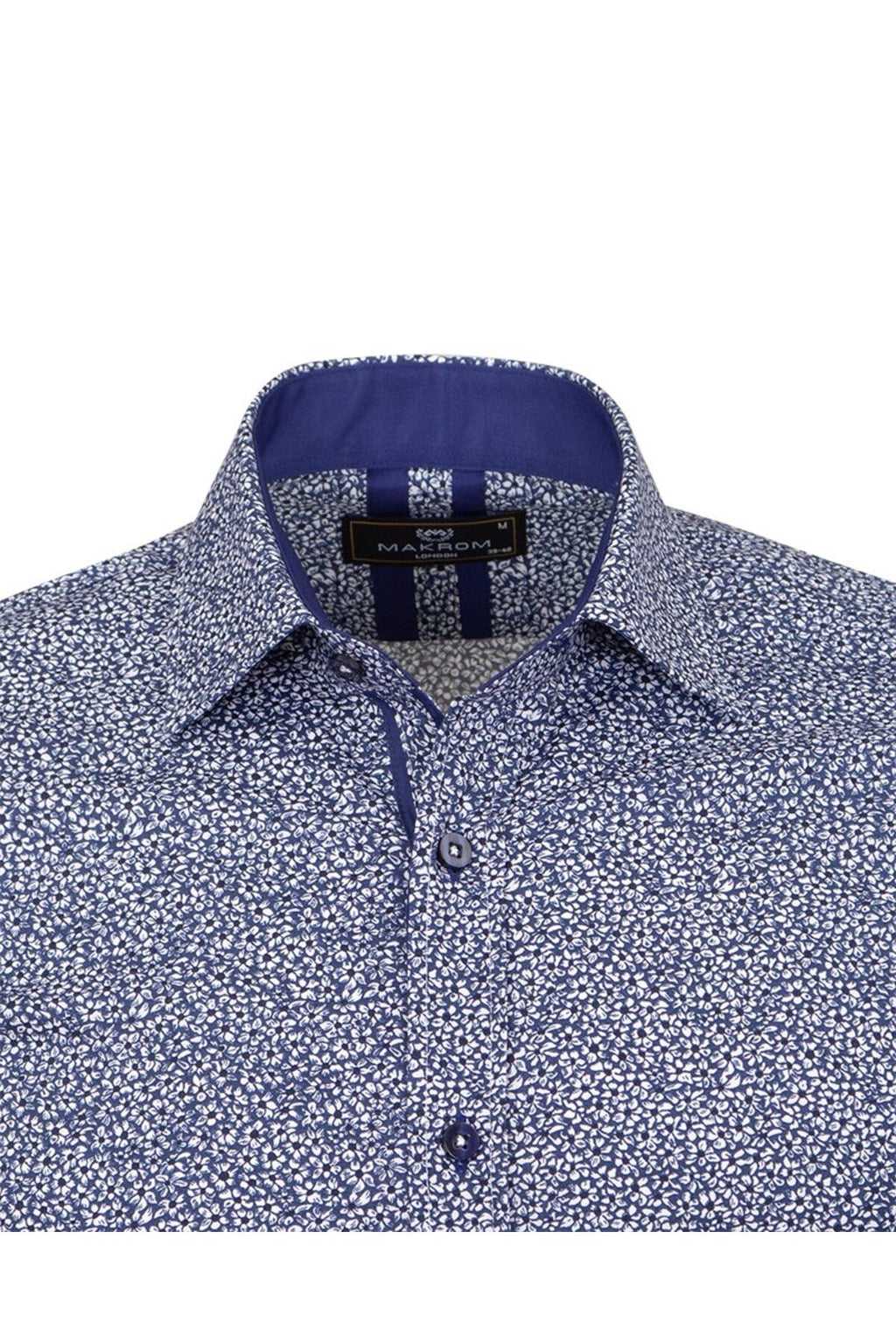 Slim Fit Mavi Kontrast Detaylı Mikro Çiçekli Likralı Pamuk Gömlek