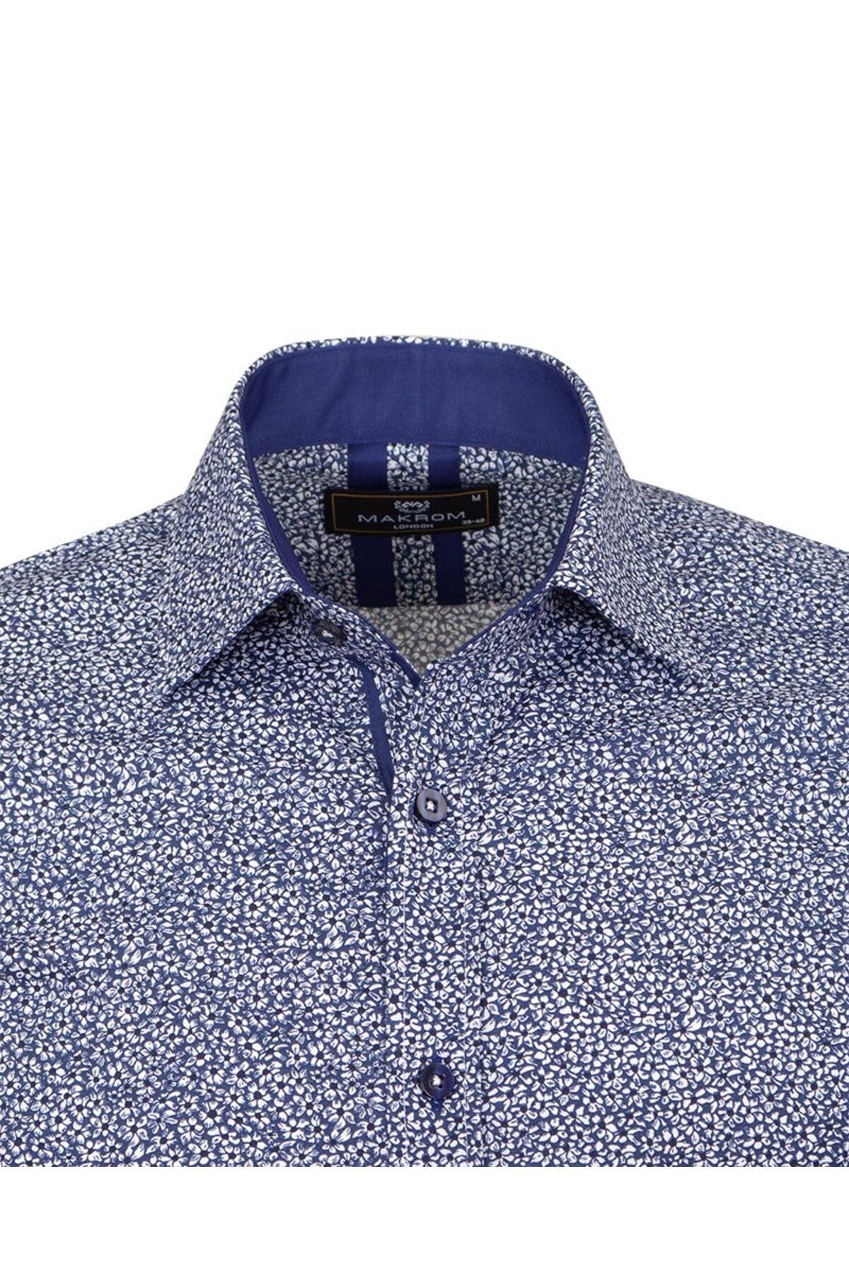 Slim Fit Mavi Kontrast Detaylı Mikro Çiçekli Likralı Pamuk Gömlek