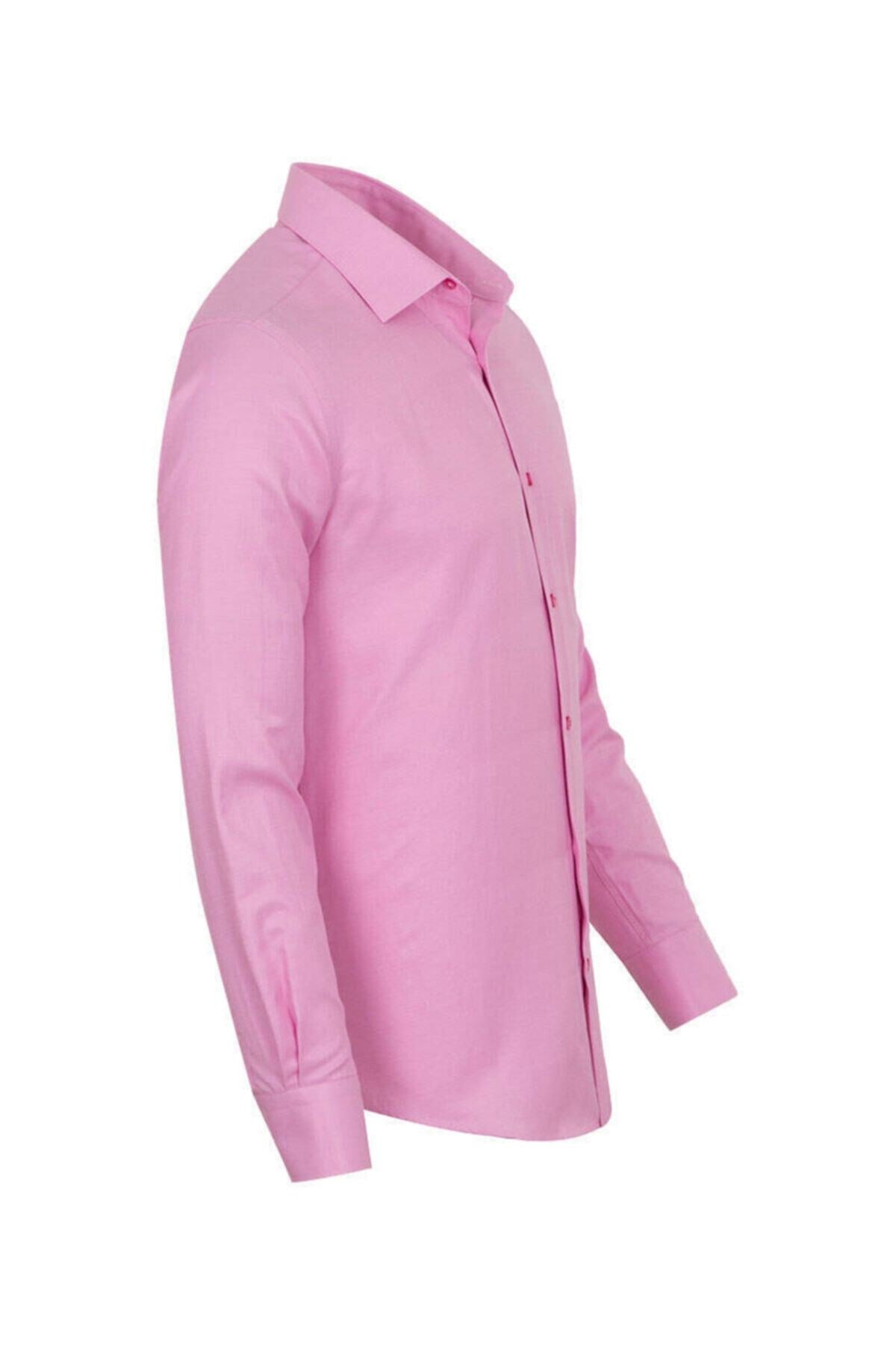 Erkek Pembe Slim Ve Regular Fit Pamuklu Uzun Kollu Gömlek