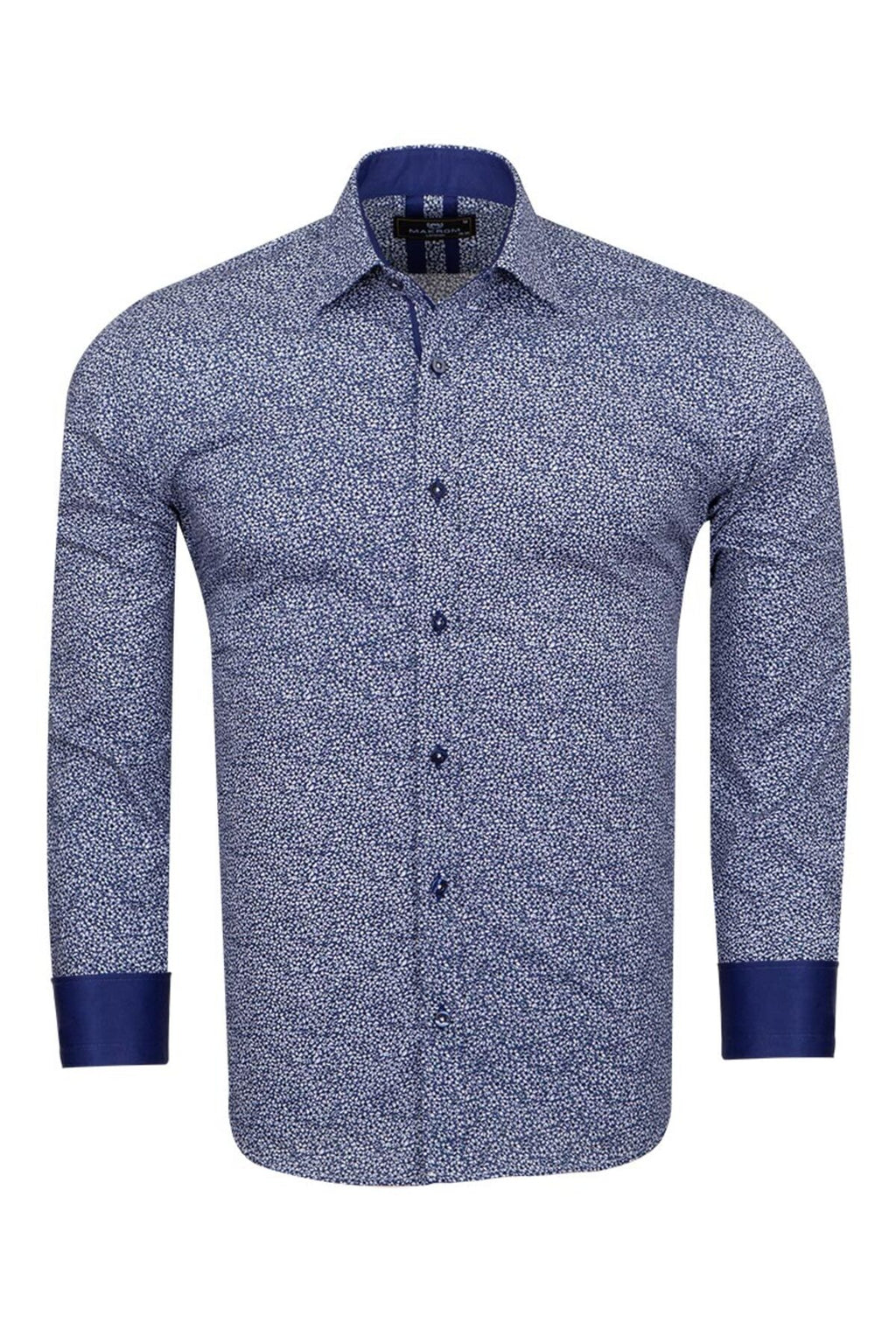 Slim Fit Mavi Kontrast Detaylı Mikro Çiçekli Likralı Pamuk Gömlek