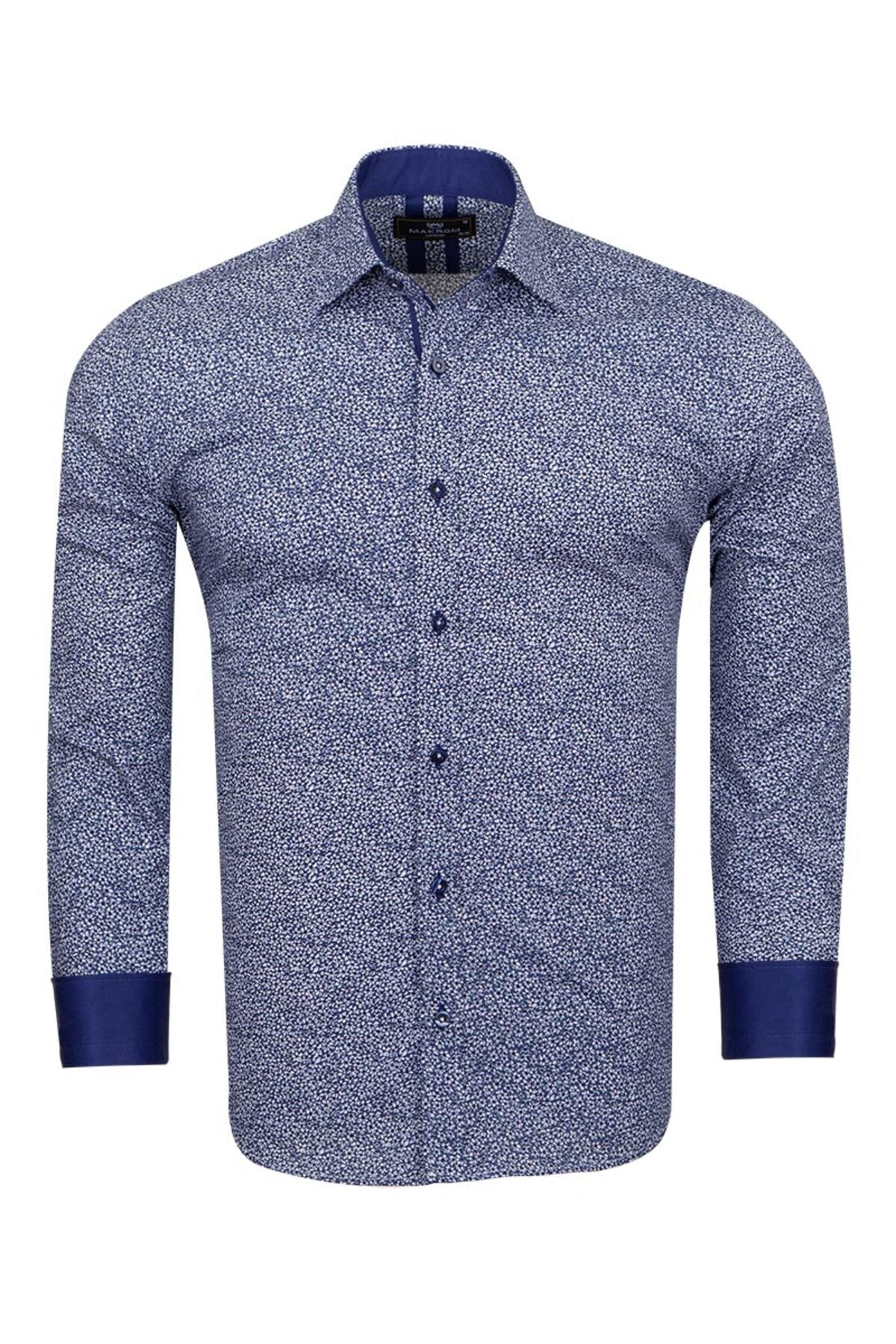 Slim Fit Mavi Kontrast Detaylı Mikro Çiçekli Likralı Pamuk Gömlek