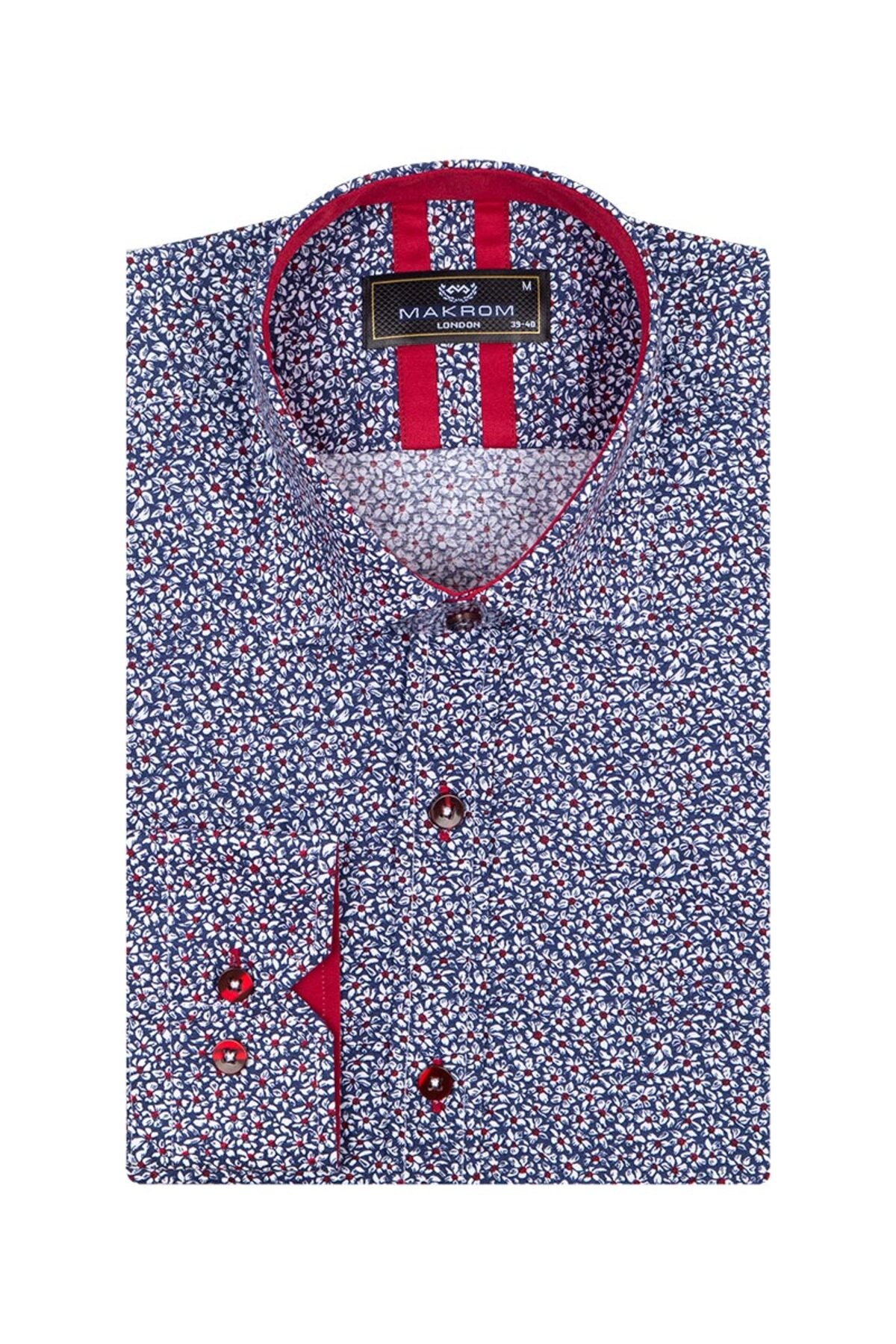 Slim Fit Kırmızı Kontrast Detaylı Mikro Çiçekli Likralı Pamuk Gömlek