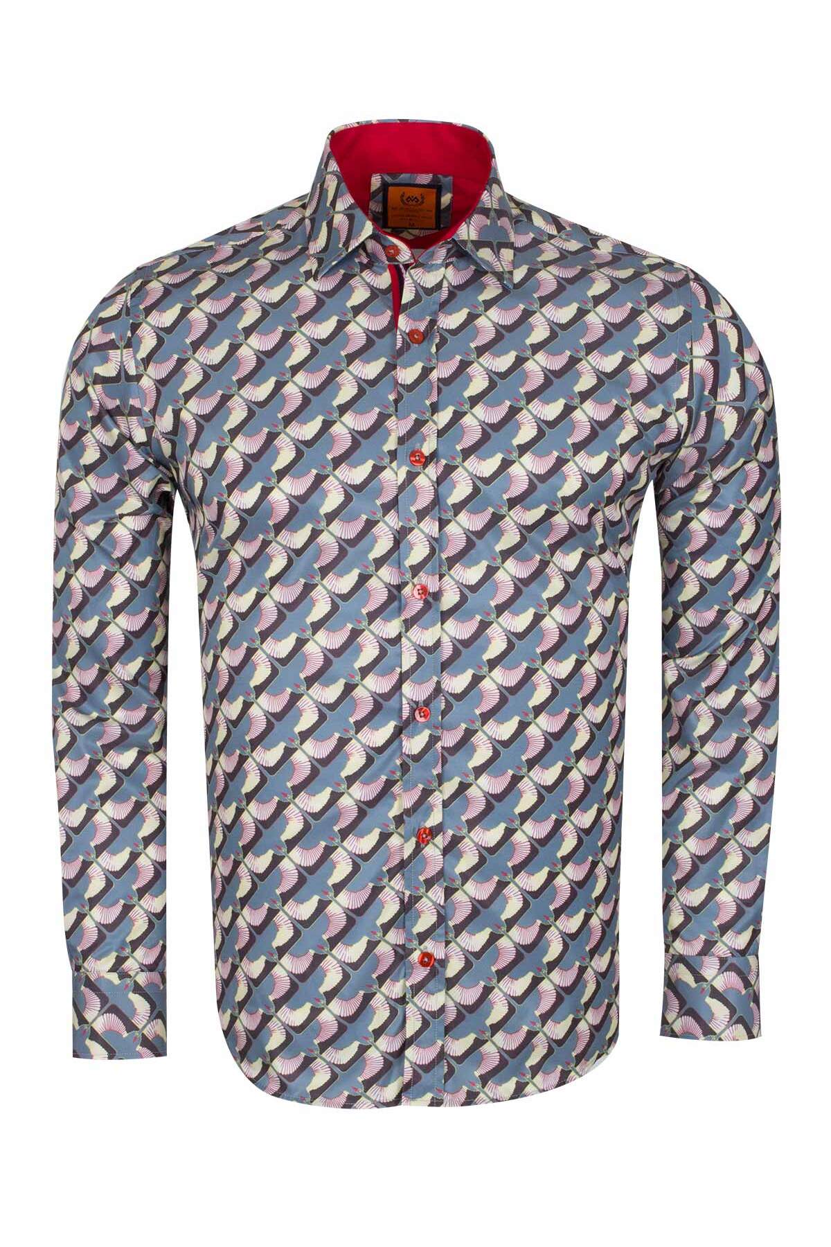 Tasarım Erkek Slim Fit İtalyan Yaka Turna Kuşu Desenli Pamuklu Gömlek