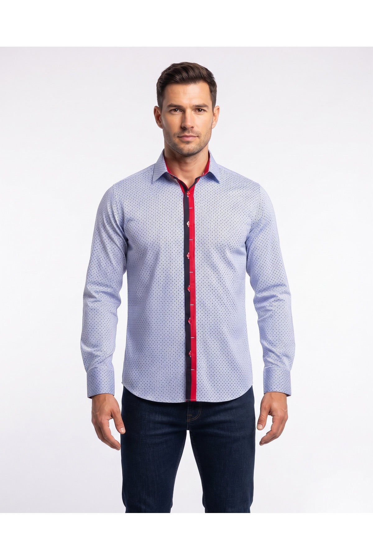Slim Fit Kırmızı Detaylı İnce Çizgili Pamuklu Erkek Gömlek