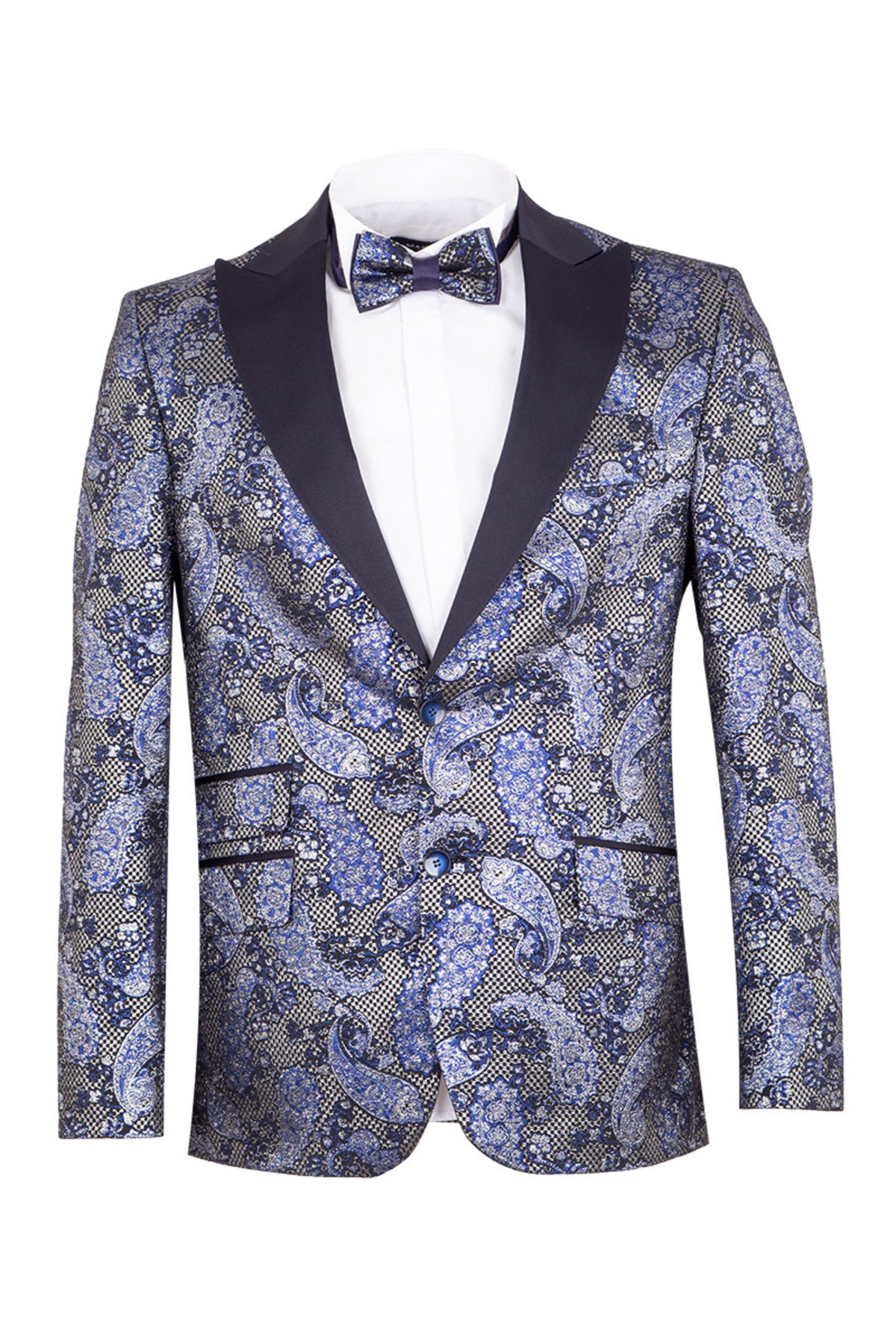 Lüks Lacıvert Gri Paisley Desenli Jakar Smokin Ceket - Slim Fit Papyonlu Özel Gün Ceketi.
