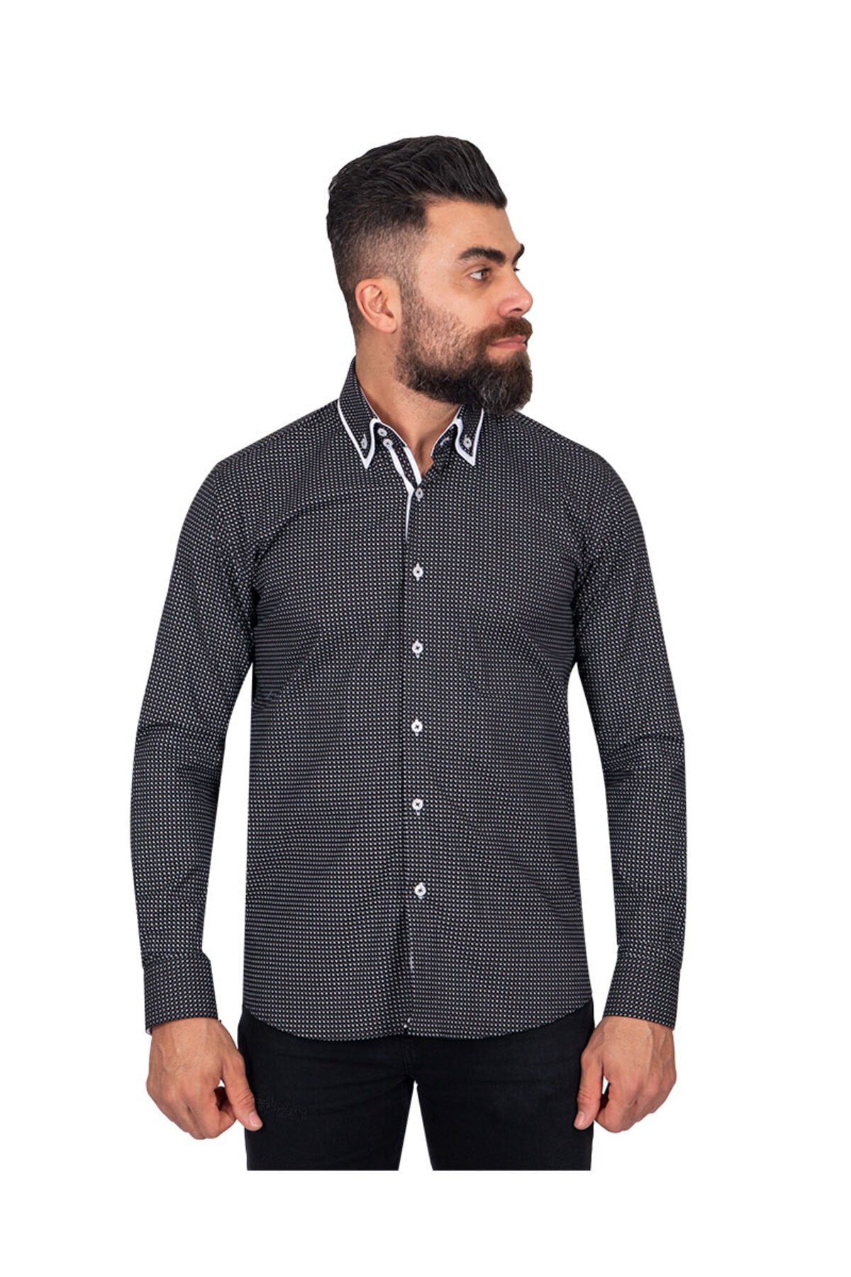 Siyah Tasarım Detaylı Slim Fit Erkek Gömlek