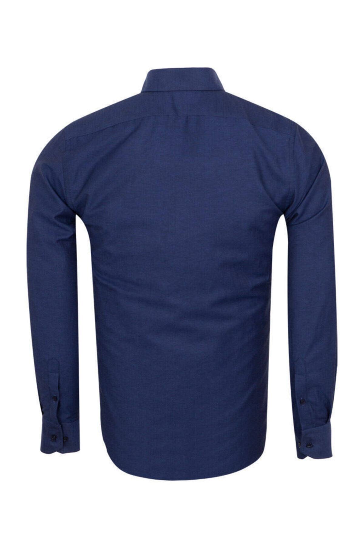 Erkek Lacivert Düğmeli Yaka Cepli Slim ve Regular Fit Pamuklu Dokuma Uzun Kollu Gömlek