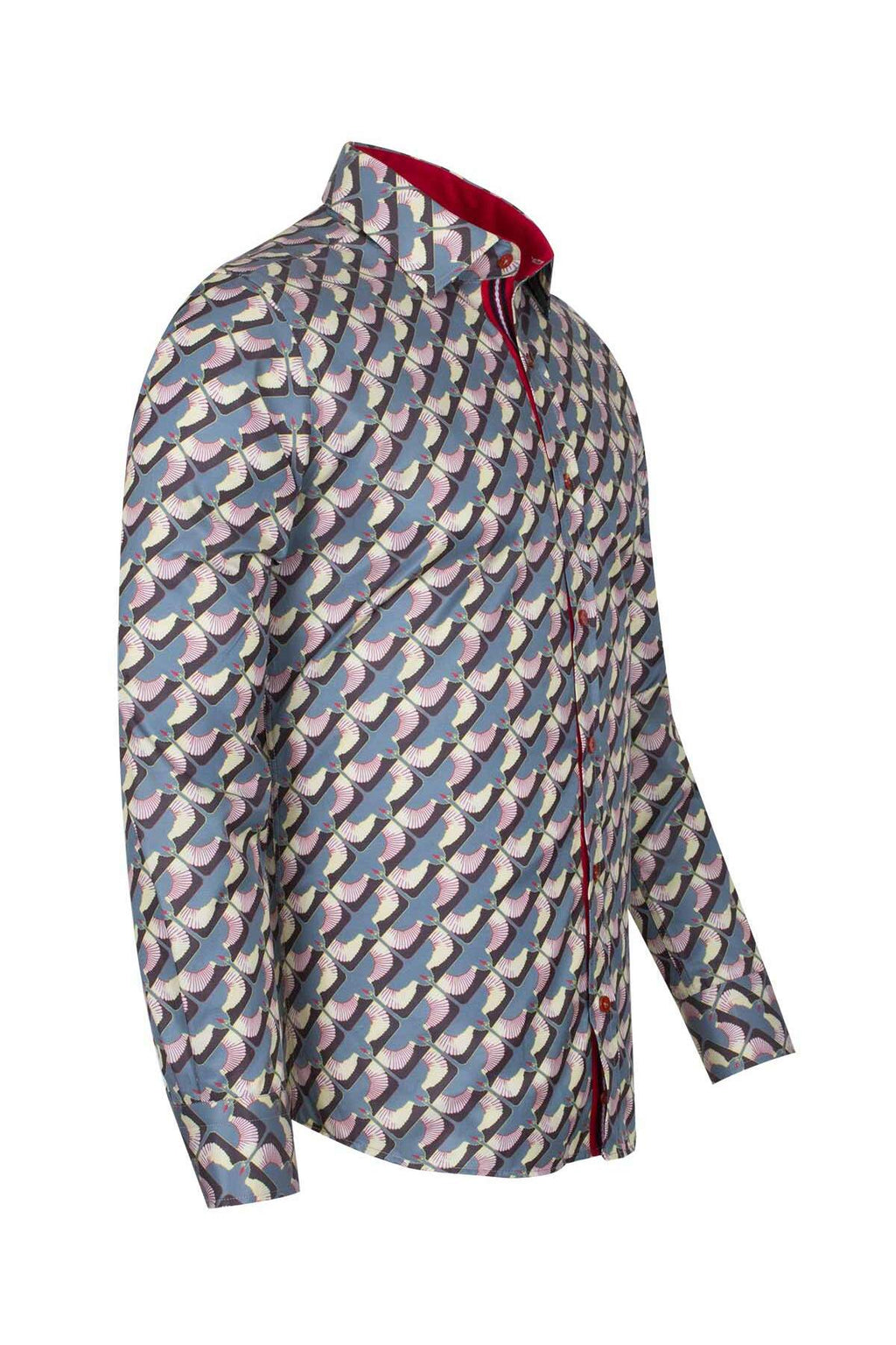 Tasarım Erkek Slim Fit İtalyan Yaka Turna Kuşu Desenli Pamuklu Gömlek