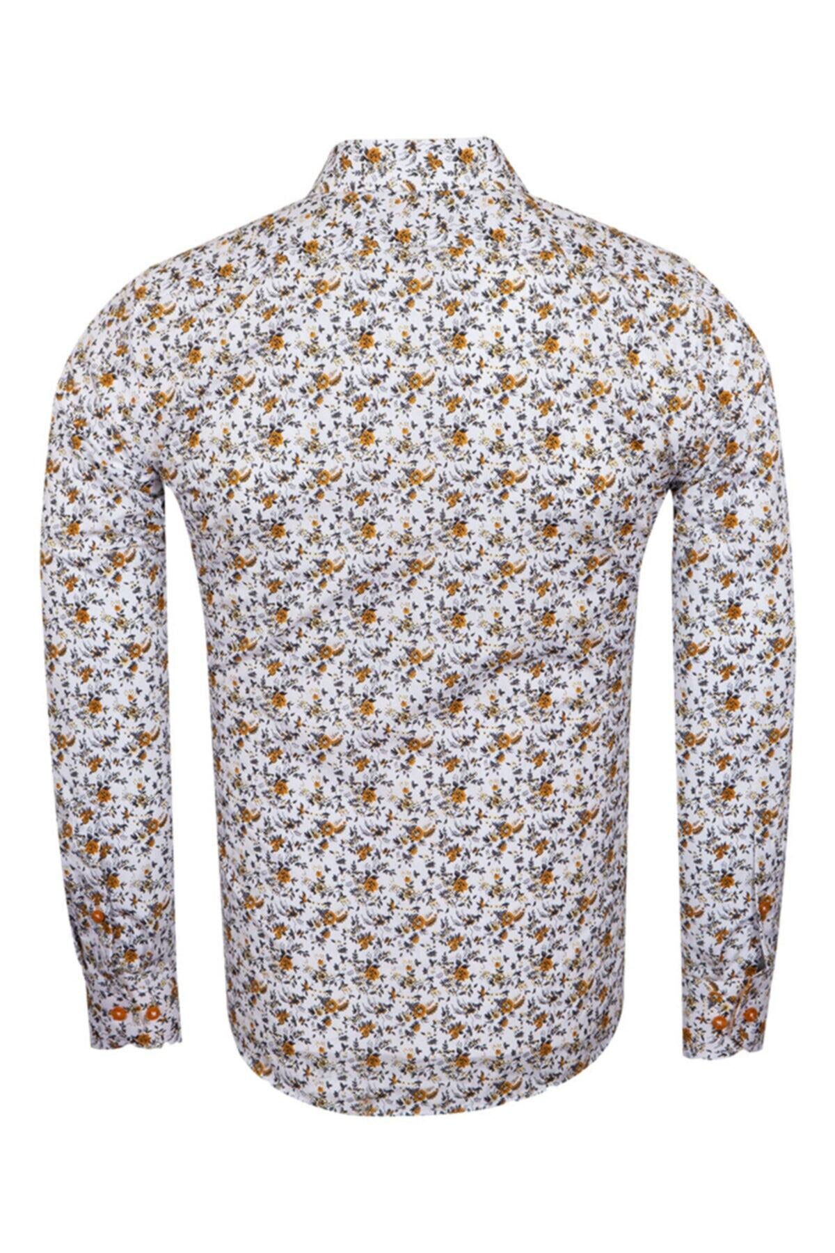 Erkek Camel Desenli Gömlek Yaka Detaylı Pamuklu Slim ve Regular Fit Uzun Kollu Gömlek