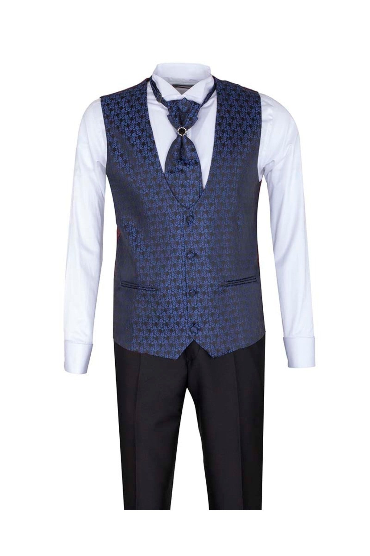 Siyah Damatlık Seti -Seyyar Yaka & Lacivert Desenli Yelek & Aksesuarlı Slim Fit Takım Elbise