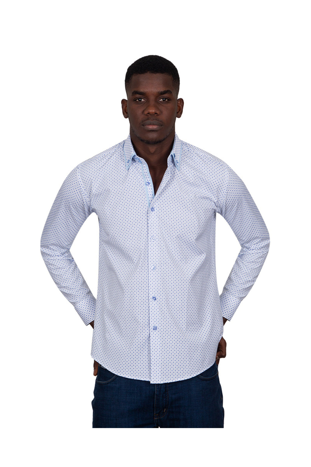 Erkek Beyaz Mavi Mikro Desenli Duble Yaka Slim Fit Pamuklu Gömlek
