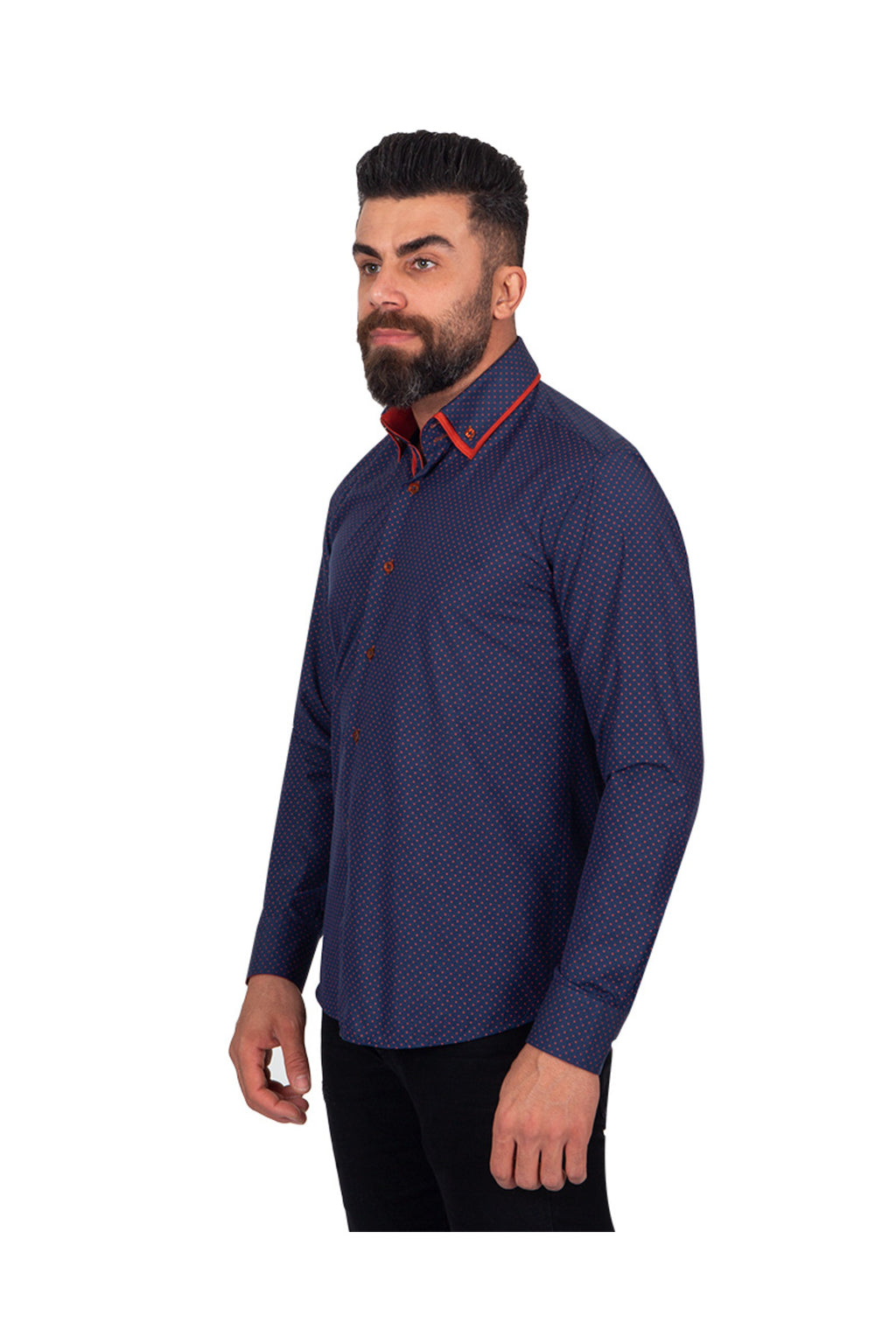 Erkek Lacivert Kırmızı Puantiyeli Duble Yaka Pamuklu Slim Fit Gömlek