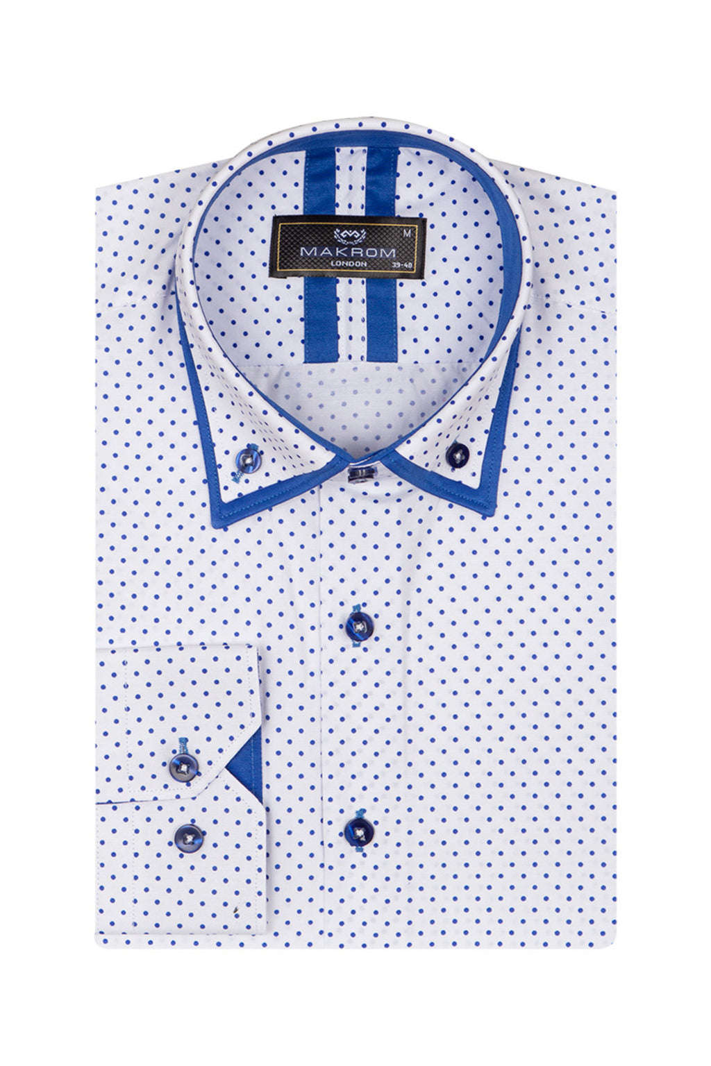 Erkek Beyaz Mavi Puantiyeli Duble Yaka Pamuklu Slim Fit Gömlek