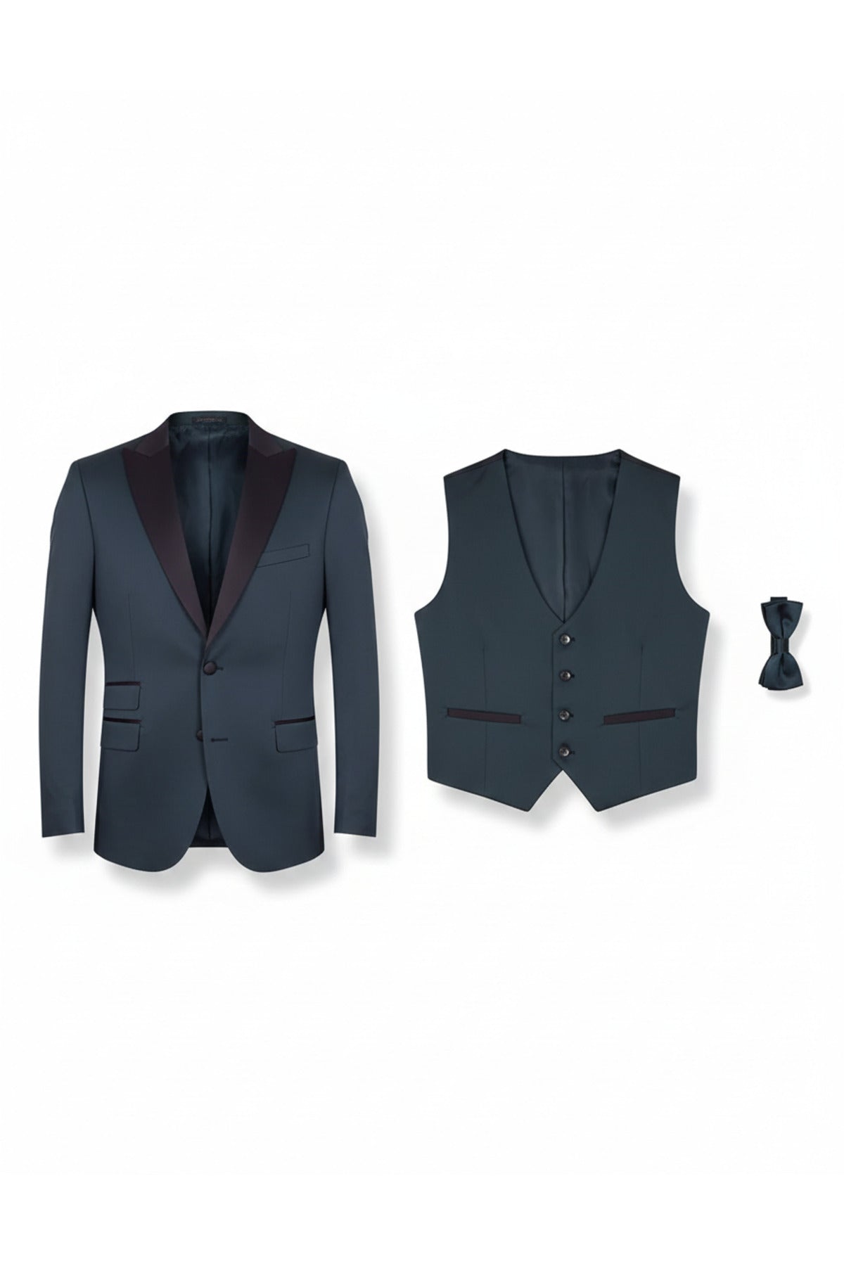 Erkek Slim Fit 3’lü Smokin Seti - Ceket + Yelek + Papyon - Haki