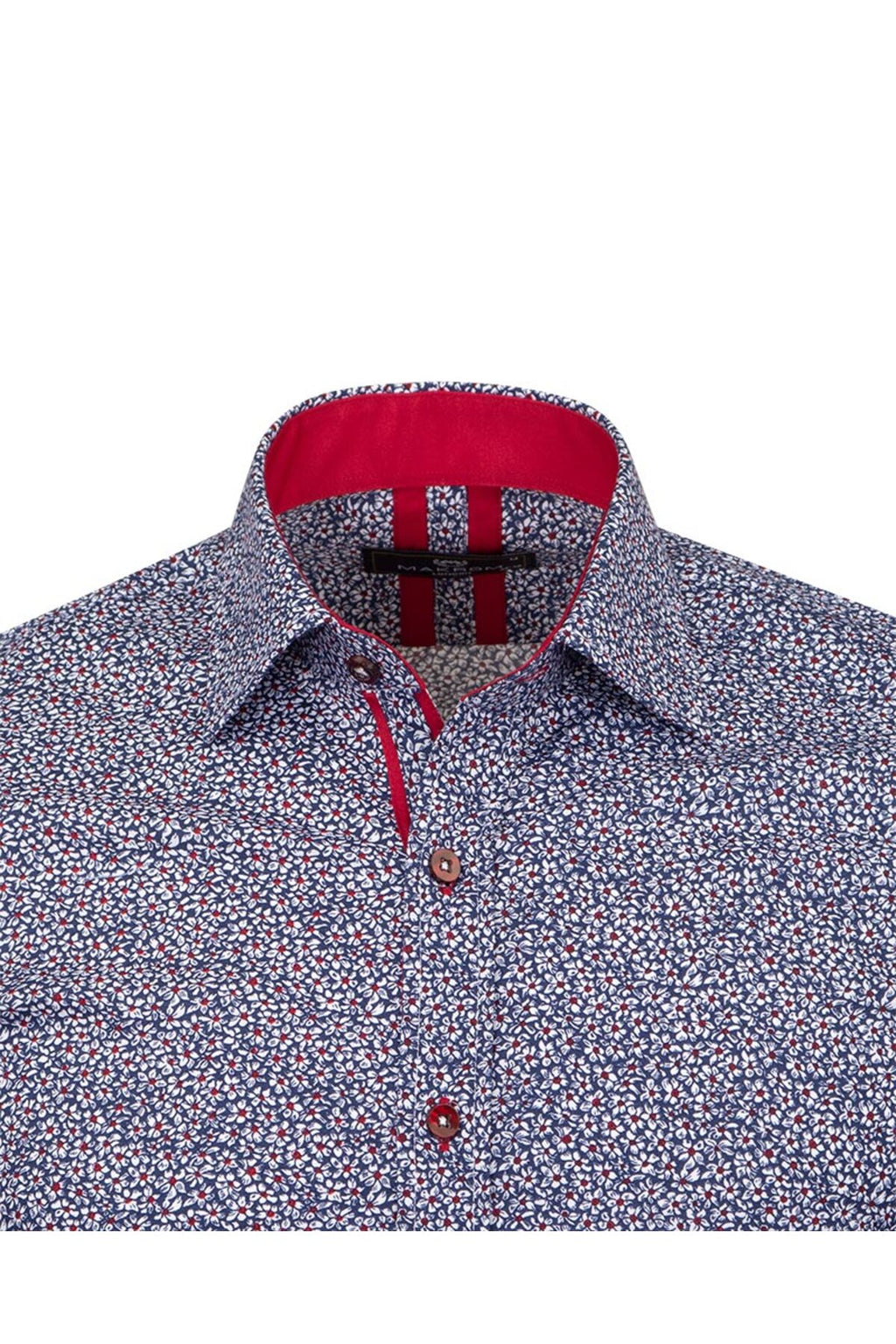 Slim Fit Kırmızı Kontrast Detaylı Mikro Çiçekli Likralı Pamuk Gömlek