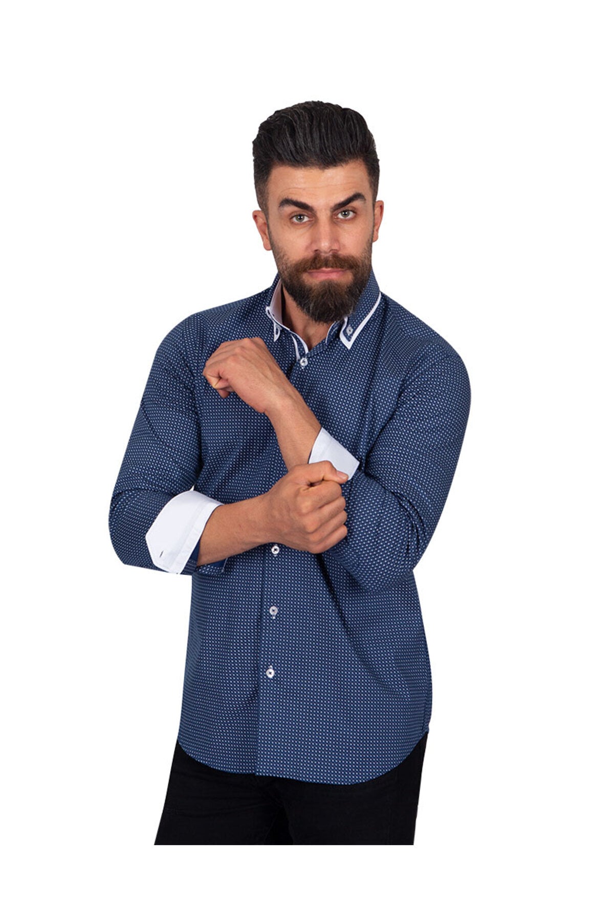 Lacıvert Tasarım Detaylı Slim Fit Erkek Gömlek