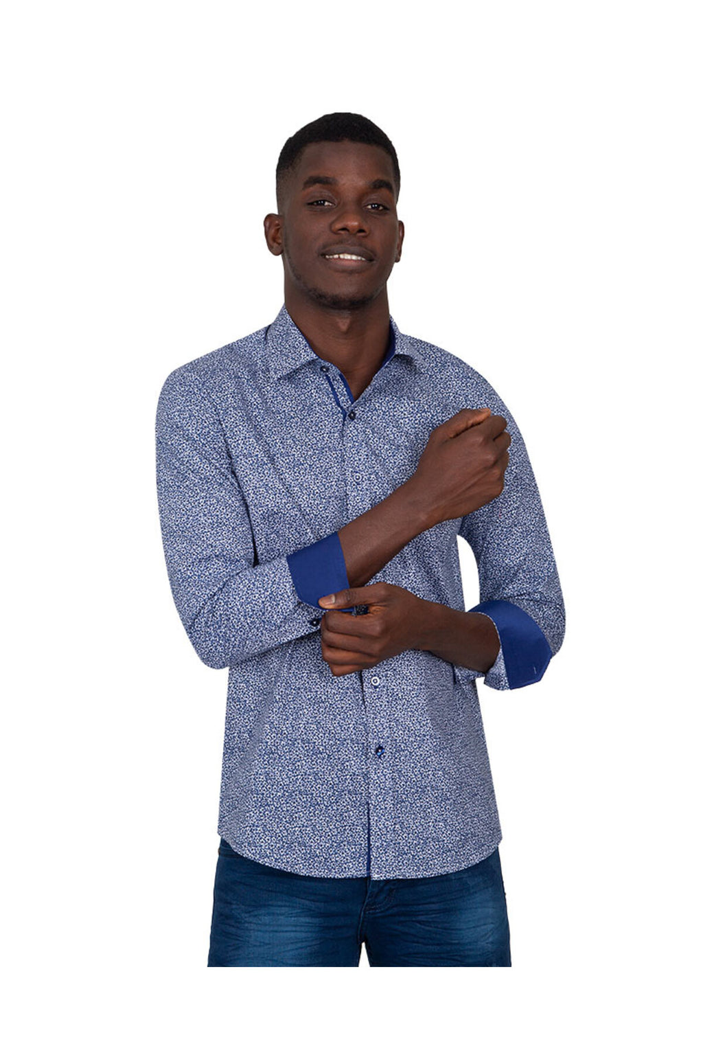 Slim Fit Mavi Kontrast Detaylı Mikro Çiçekli Likralı Pamuk Gömlek